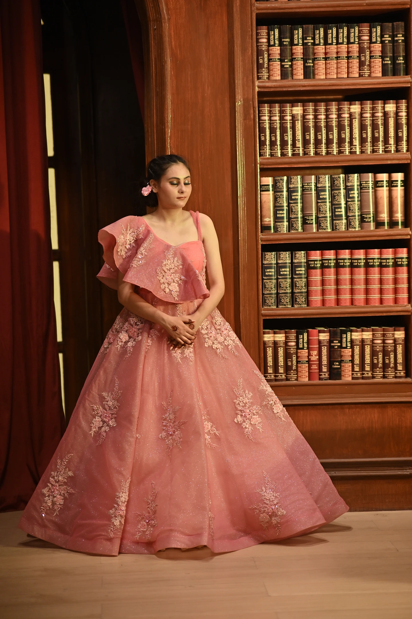 Gulnaaz Coral Shimmer Flared Reception Gown