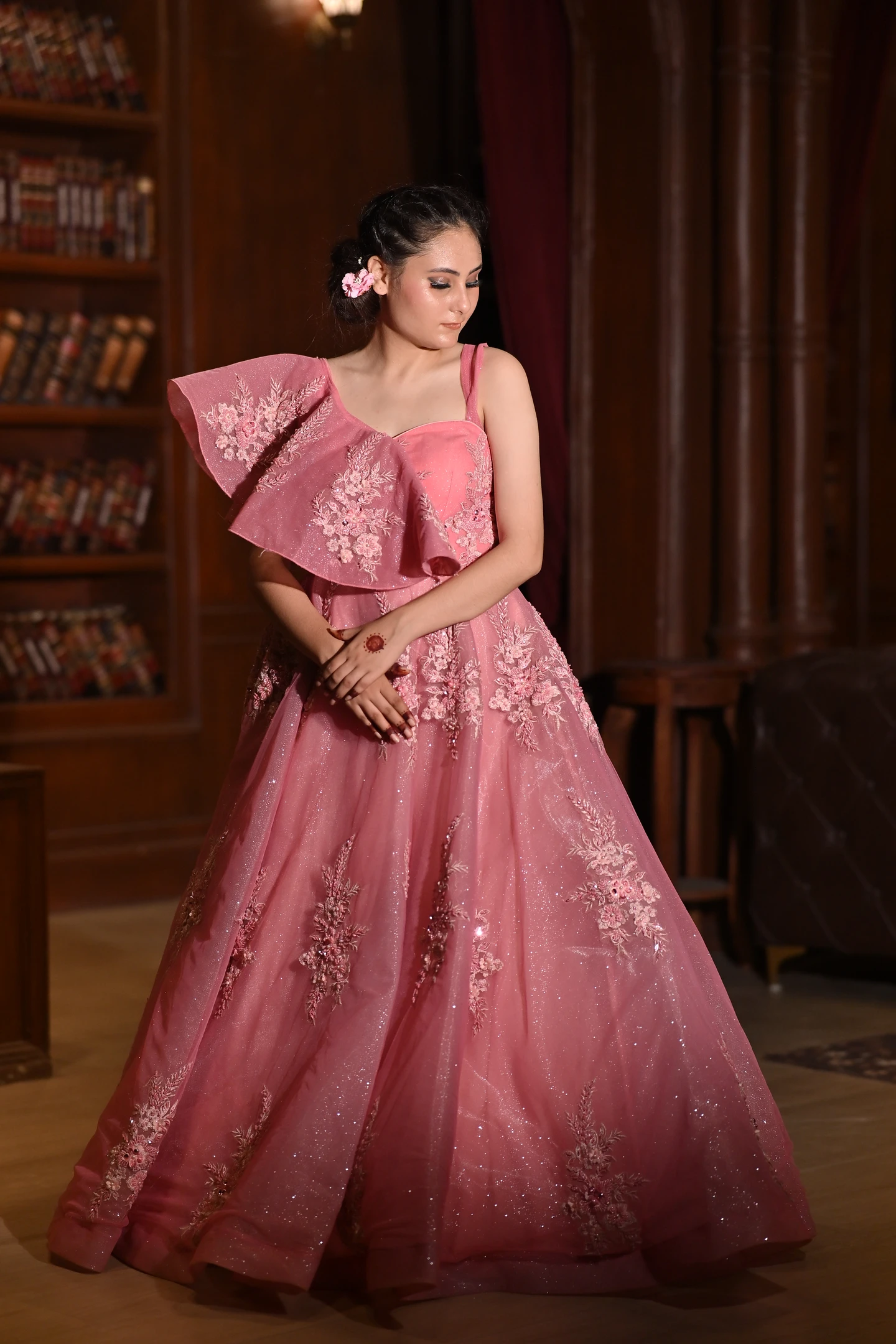 Gulnaaz Coral Shimmer Flared Reception Gown — photo 3