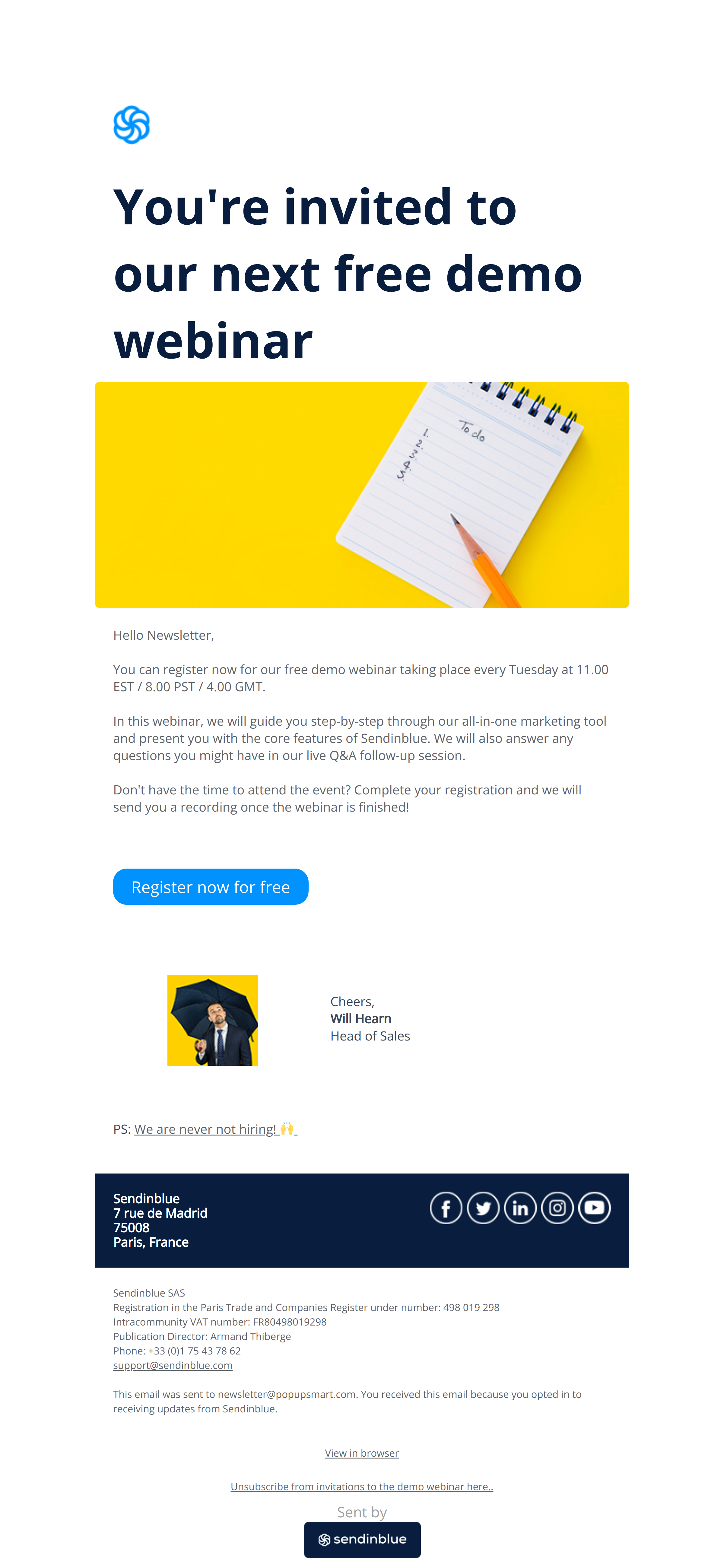 [Invitation] Join our free demo webinar - Will @ Sendinblue Newsletter
