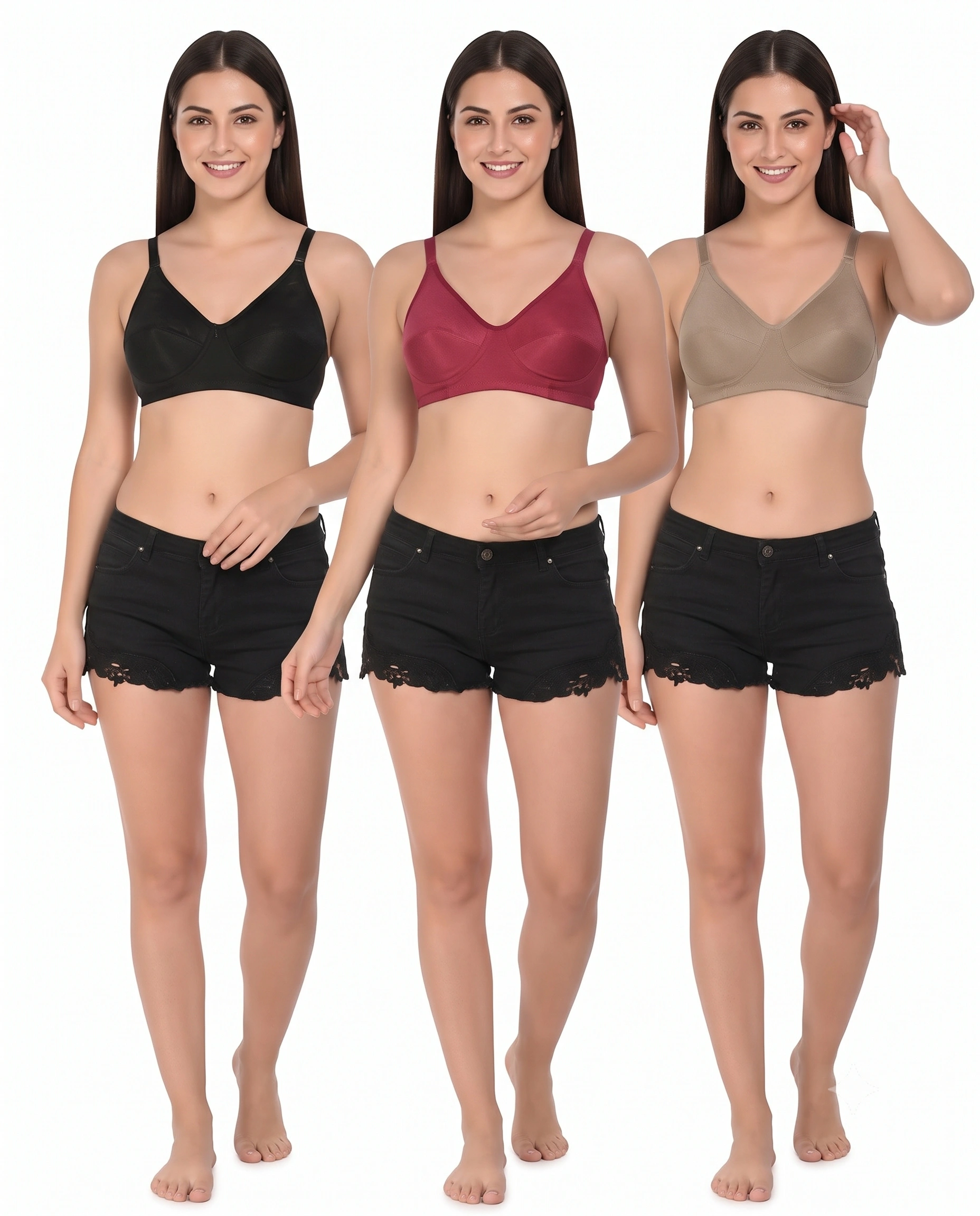 Women Non Padded Seamless Bra Combo Pack of 3 – Black, Maroon & Beige 1
