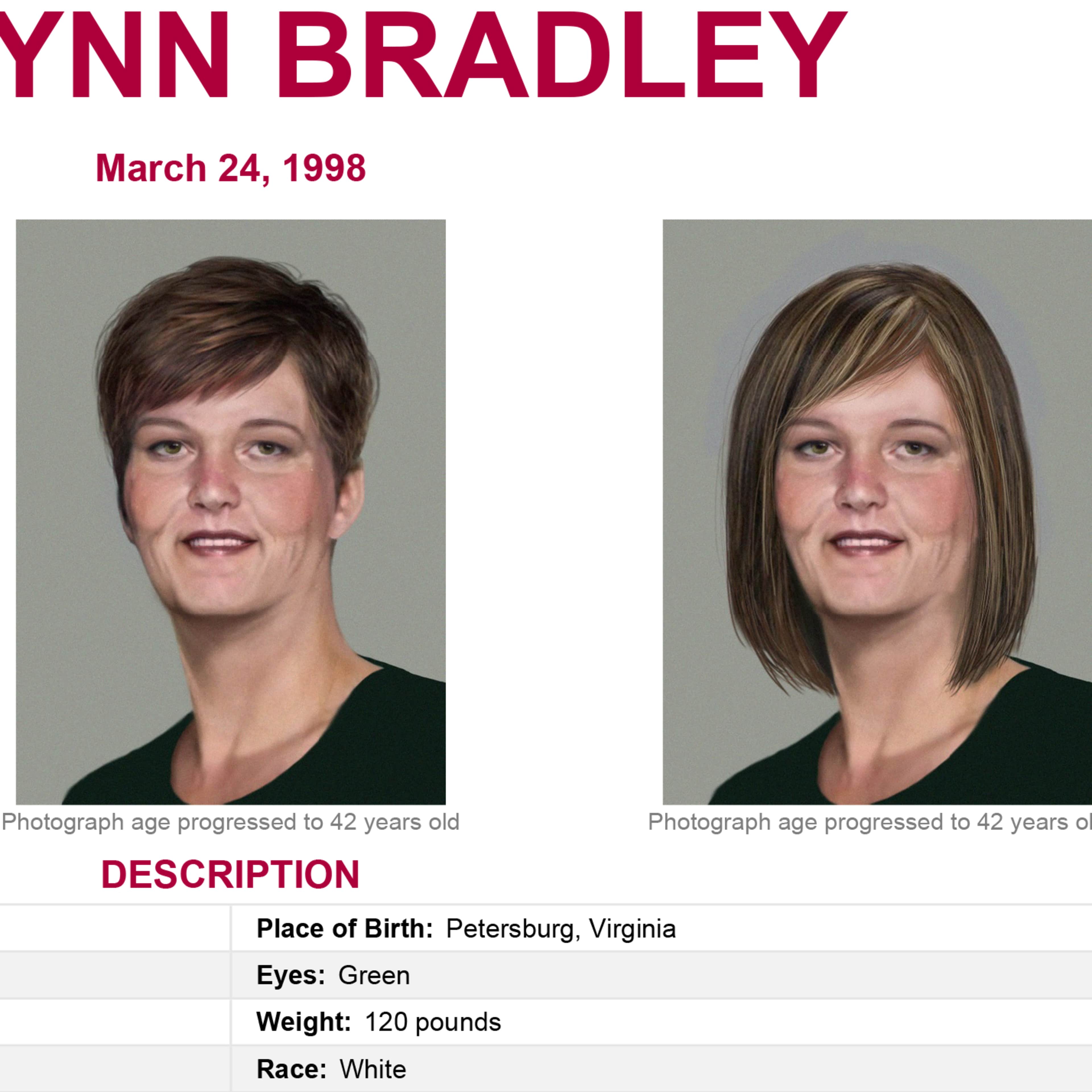 The image displays three photographs of a woman named Amy Lynn Bradley, along with a description of her physical characteristics and the date of March 24, 1998.