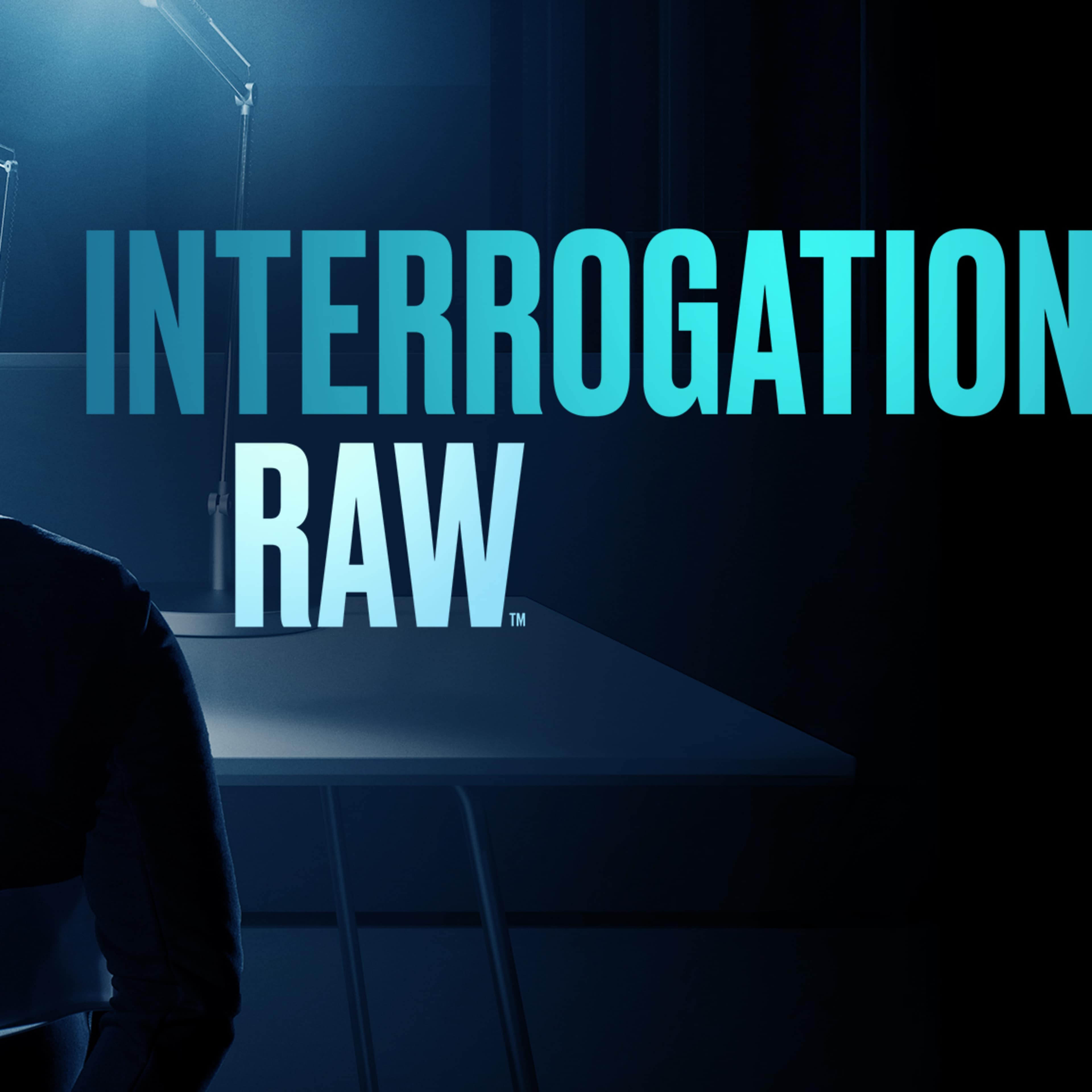 The image depicts a silhouetted figure standing in front of a large "INTERROGATION RAW" text against a dark, moody background.