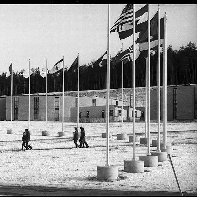Olympic games Lake Placid 1980: Olympic village with flags,Olympic games Lake Placid 1980: Olympic village with flags