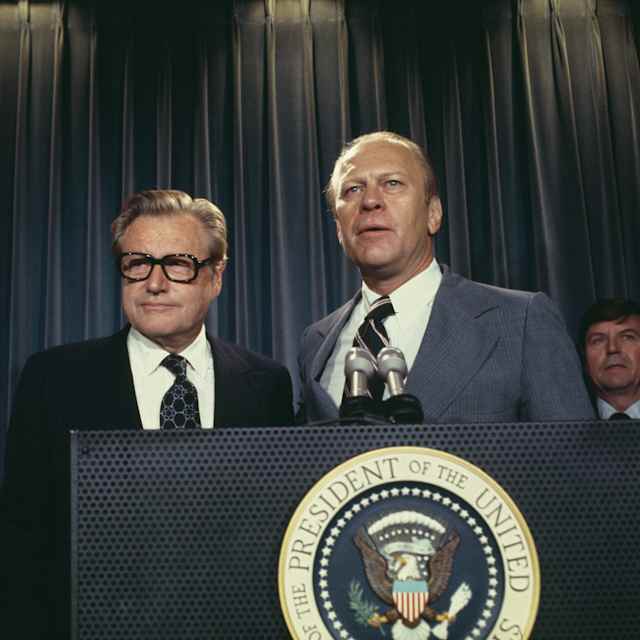 August 20th, 1974: President Gerald Ford announces at the White House that New York Governor Nelson Rockefeller (left) will become the new vice president.
