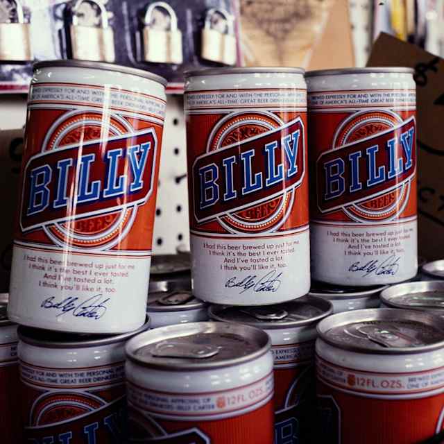 Cans of Billy Beer for sale as collector's items in a Plains, Georgia gift shop near the Carter home, 1989.