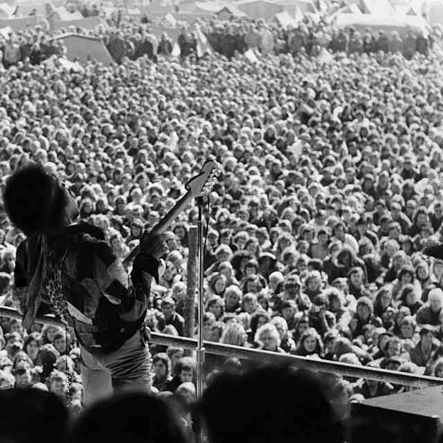 Legendary rock guitarist Jimi Hendrix performing his final concert at the Open Air Love + Peace Festival in Fehmarn, Germany, on September 6, 1970. Twelve days later, he died by asphyxiation after an accidental overdose.