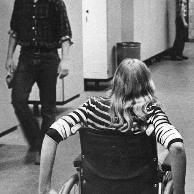 Stella Johnston, 15-year-old Heritage High sophomore, is the first paraplegic student to attend the specially designed District 6 school in Denver, Colorado, 1975.
