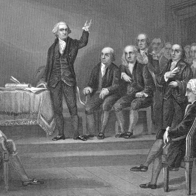 George Washington presiding over the Constitutional Convention, 1787.  (Credit: Hulton Archive/Getty Images)