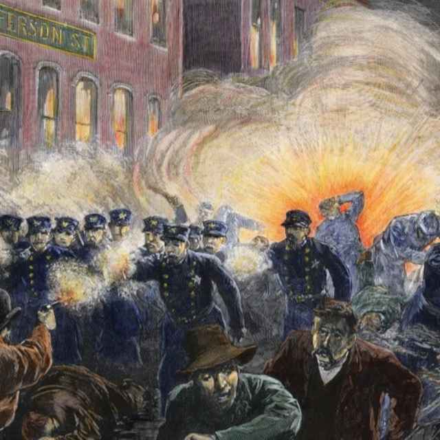 Engraving of a scene from the Haymarket Riot