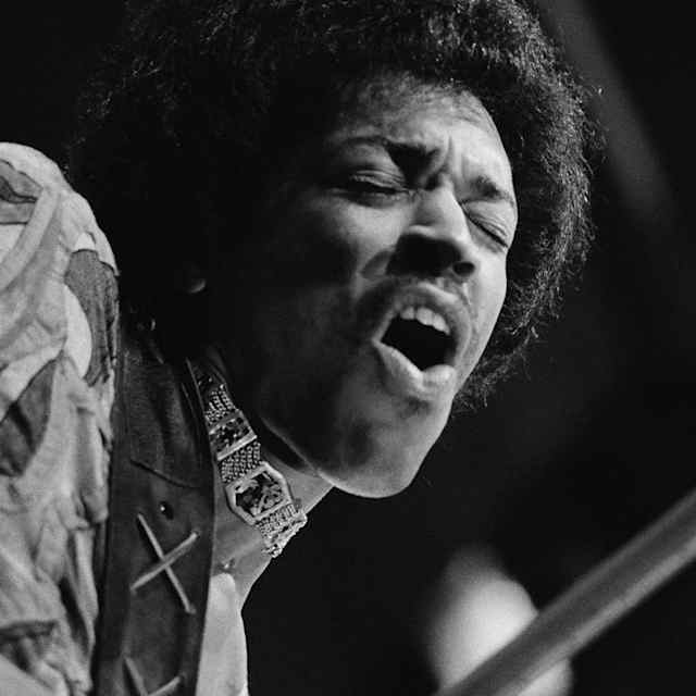 Rock guitar virtuoso Jimi Hendrix (1942-1970) caught mid guitar-break during his performance at the Isle of Wight Festival, August 1970.
