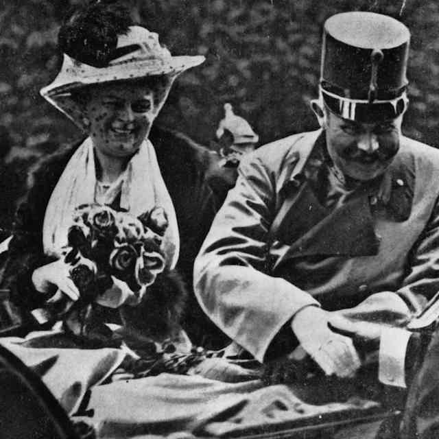 Franz Ferdinand, archduke of Austria, and his wife Sophie riding in an open carriage at Sarajevo shortly before their assassination.
