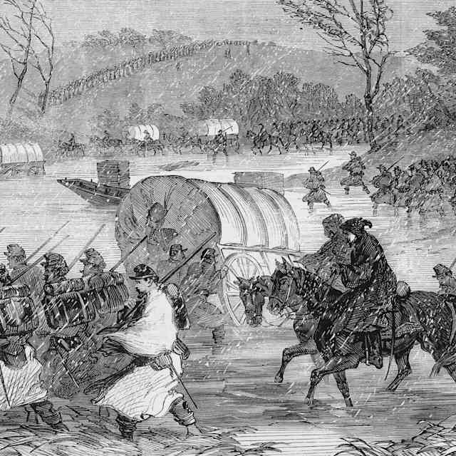 Union soldiers of the Army of the Potomac under the command of Major General Ambrose Burnside attempt to cross the Rappahannock River in pouring rain on January 20, 1863 during the "Mud March" of the Fredericksburg Campaign of the American Civil War.