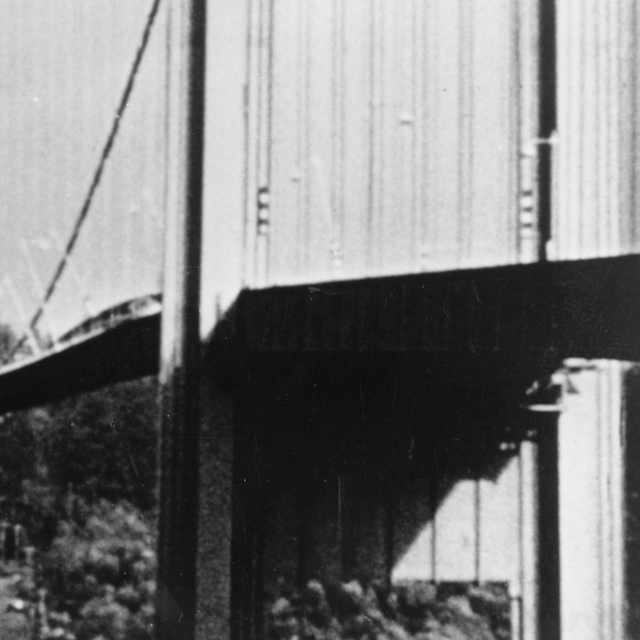 7th November 1940: Tacoma Narrows suspension bridge, in Puget Sound, Washington, vibrating violently just prior to its collapse due to hurricane winds causing a violent oscillating motion known as 'flutter'.
