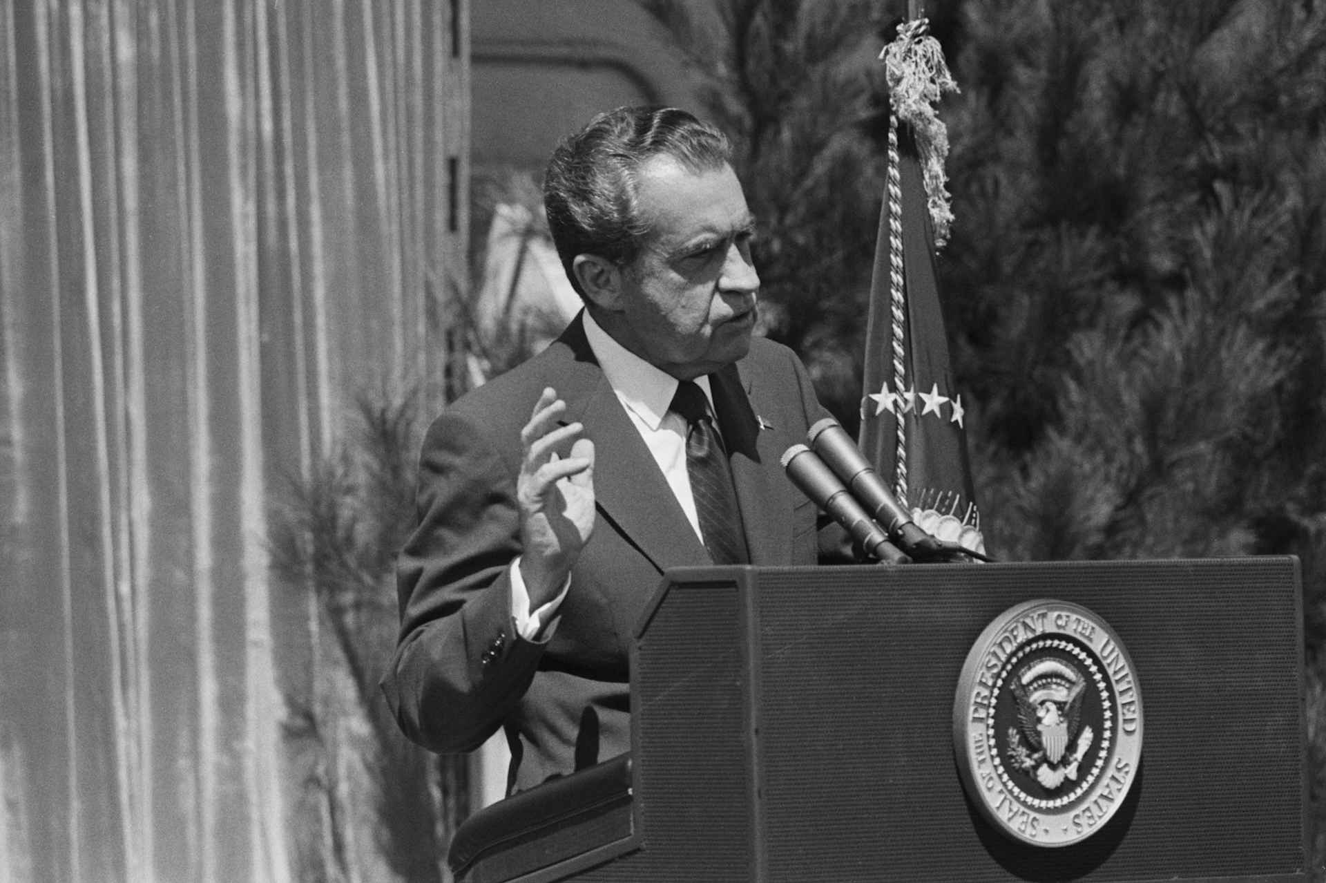 At a press conference, President Nixon answers a question regarding his withholding of the tapes involved in the Watergate affair.