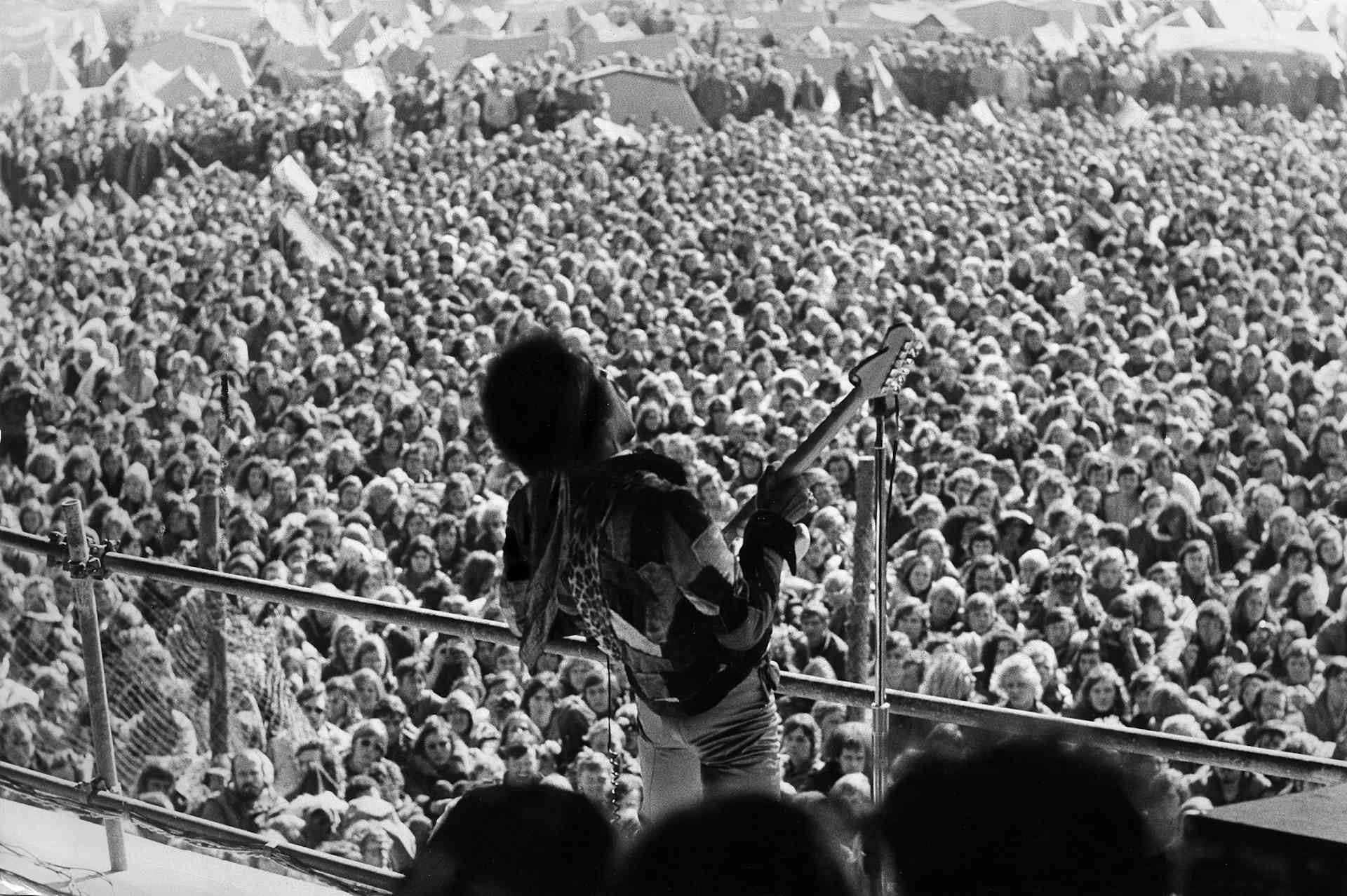 Legendary rock guitarist Jimi Hendrix performing his final concert at the Open Air Love + Peace Festival in Fehmarn, Germany, on September 6, 1970. Twelve days later, he died by asphyxiation after an accidental overdose.