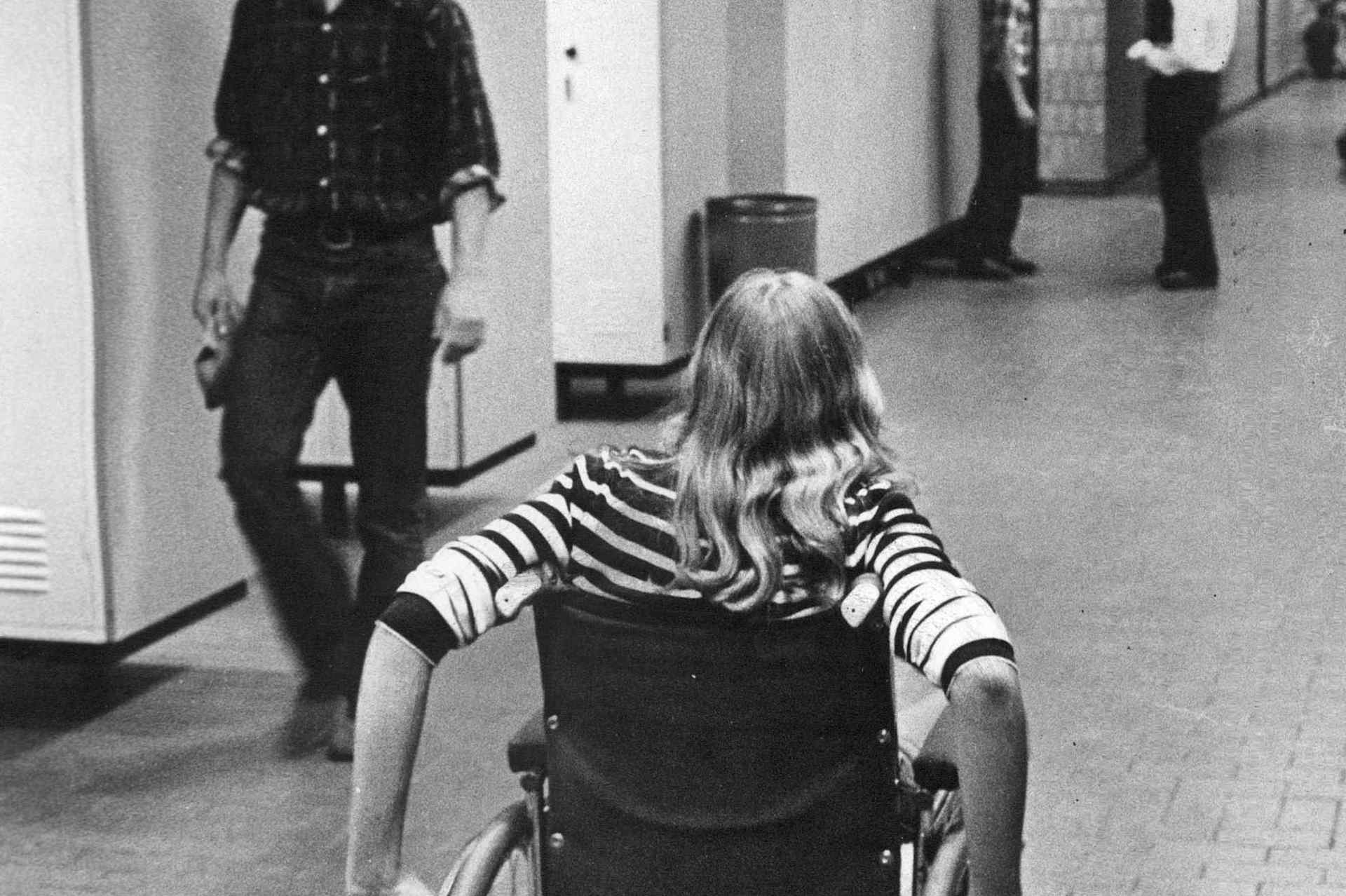 Stella Johnston, 15-year-old Heritage High sophomore, is the first paraplegic student to attend the specially designed District 6 school in Denver, Colorado, 1975.