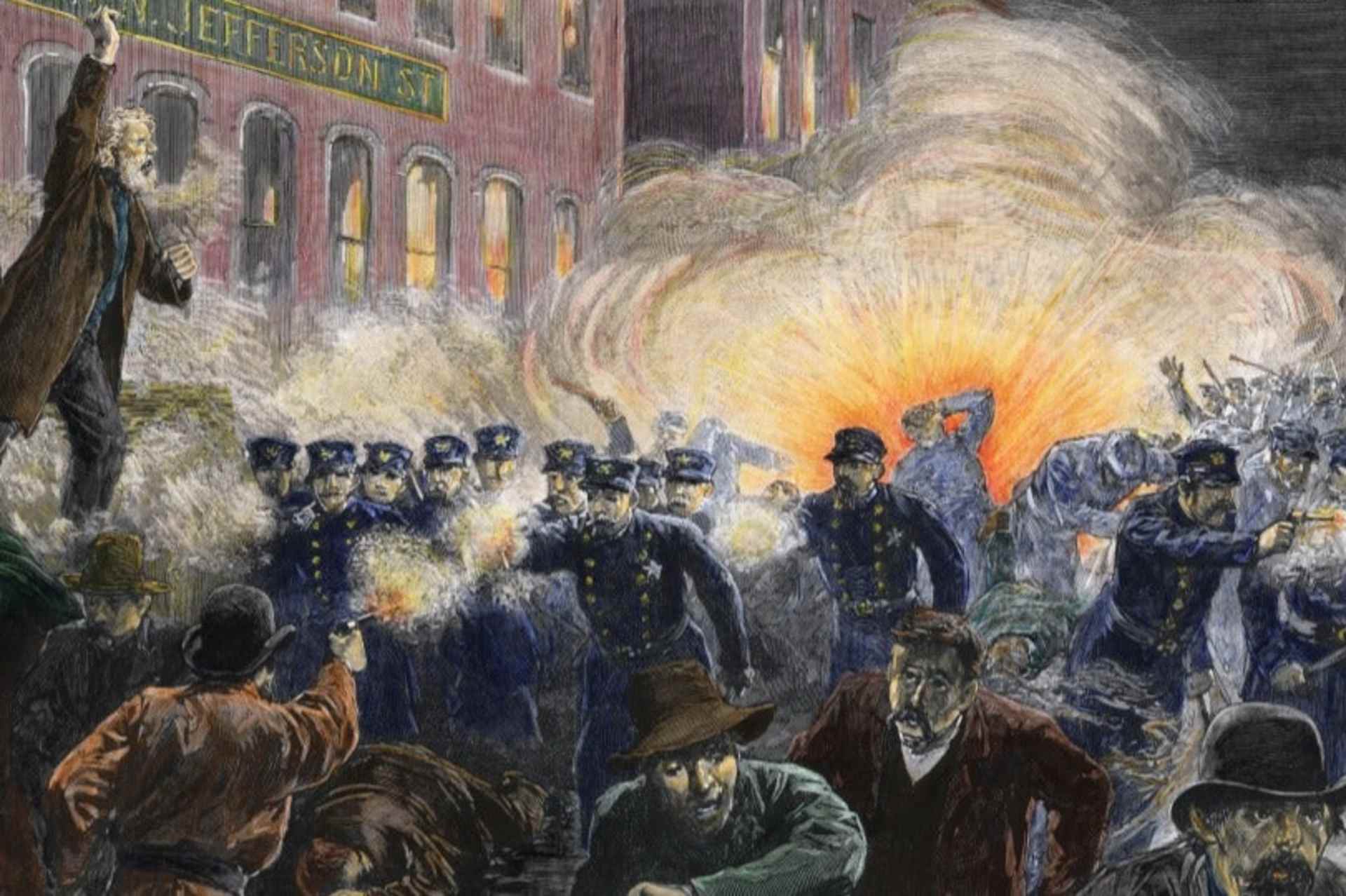 Engraving of a scene from the Haymarket Riot