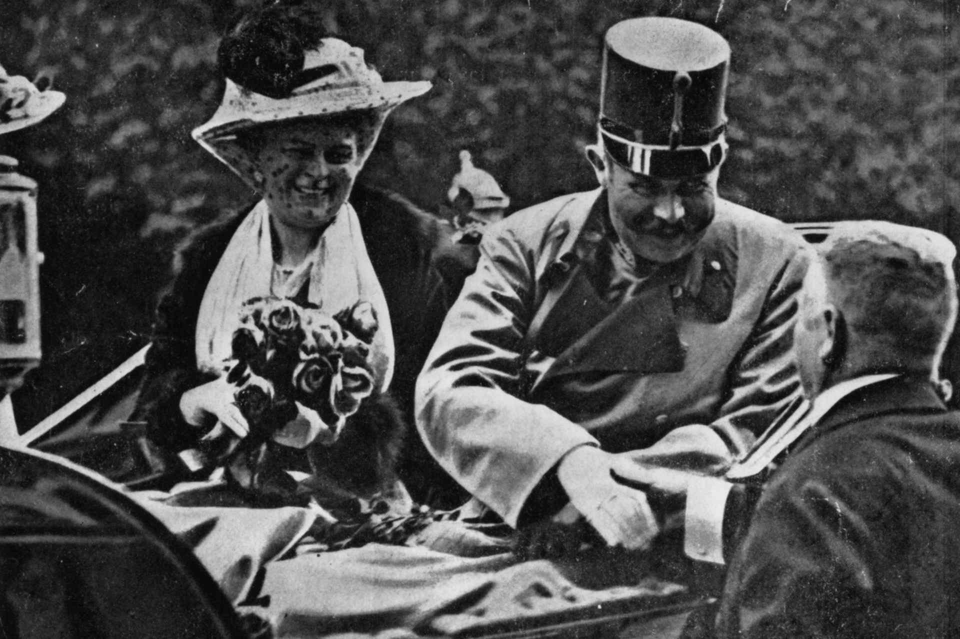 Franz Ferdinand, archduke of Austria, and his wife Sophie riding in an open carriage at Sarajevo shortly before their assassination.