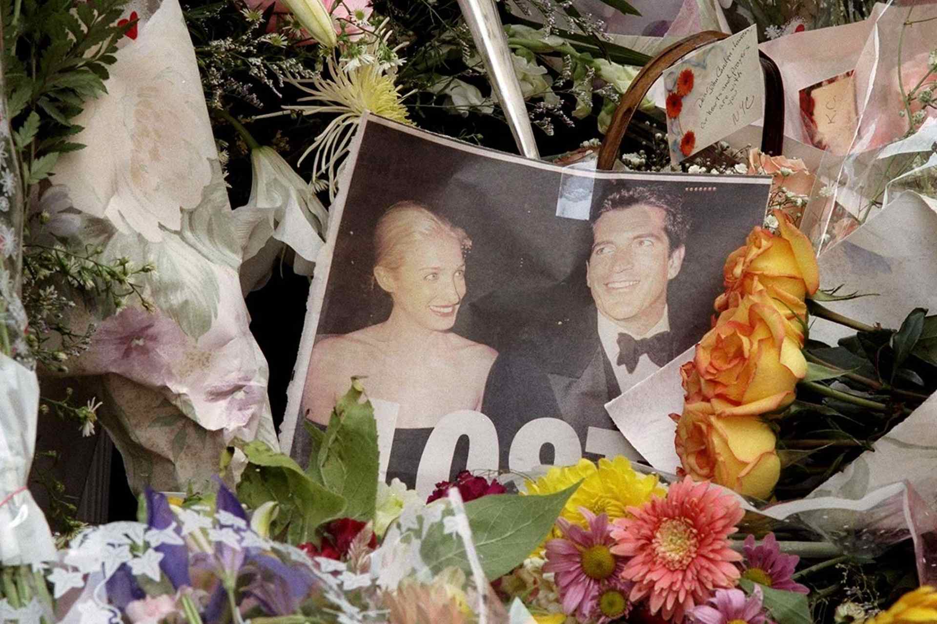Flowers left outside the home of John F. Kennedy Jr. and Carolyn Bessette Kennedy on N. Moore St. in New York City.