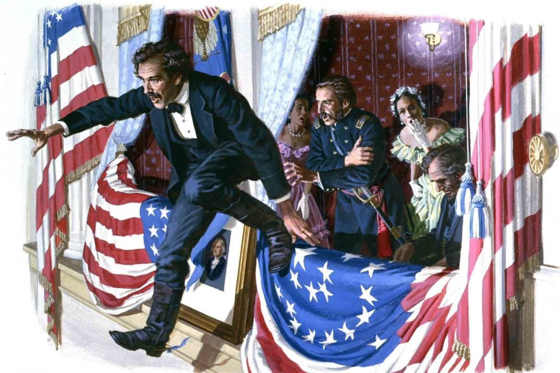 John Wilkes Booth jumping from the booth after assassinating President Lincoln at Ford's Theatre on April 11, 1865.