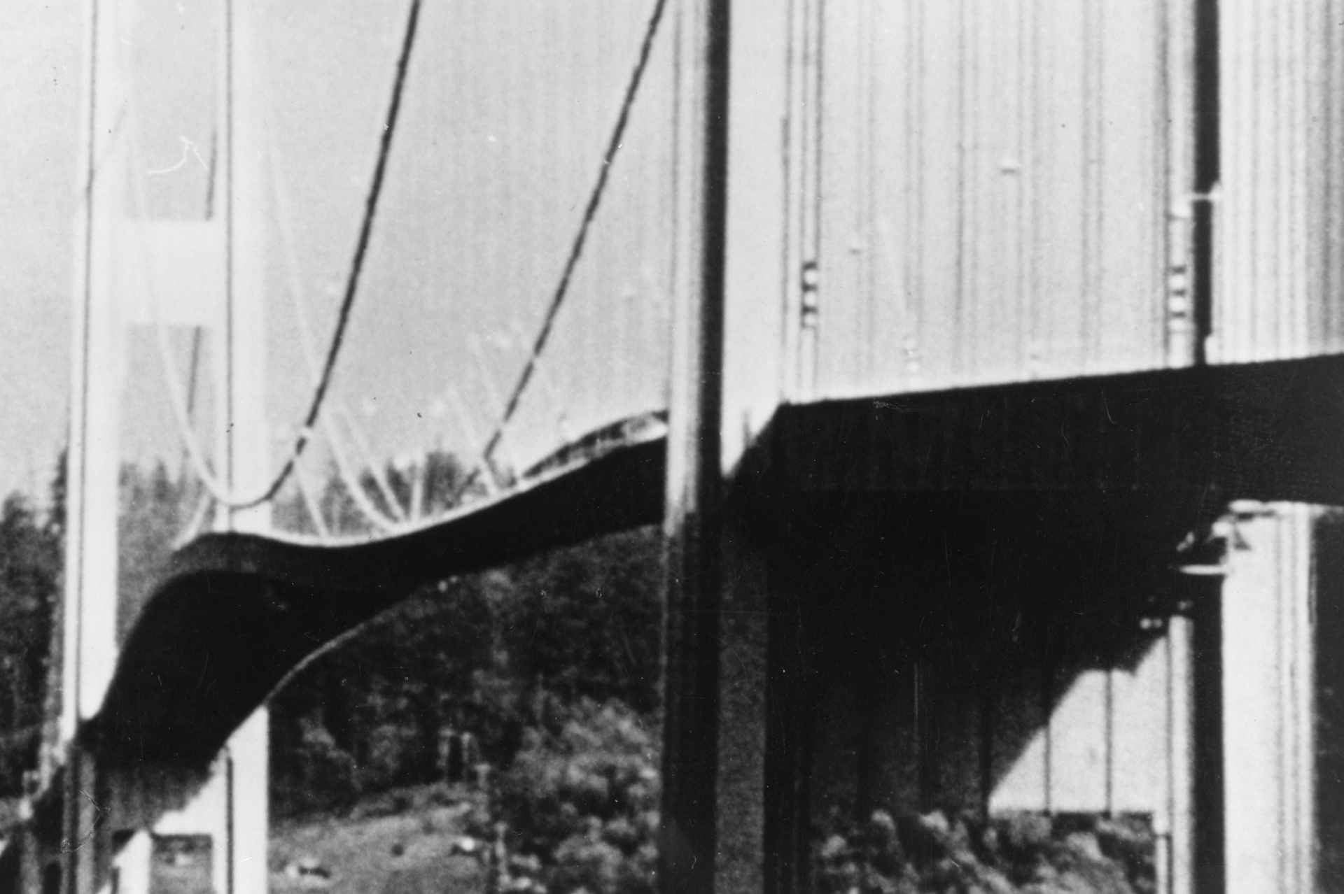 7th November 1940: Tacoma Narrows suspension bridge, in Puget Sound, Washington, vibrating violently just prior to its collapse due to hurricane winds causing a violent oscillating motion known as 'flutter'.
