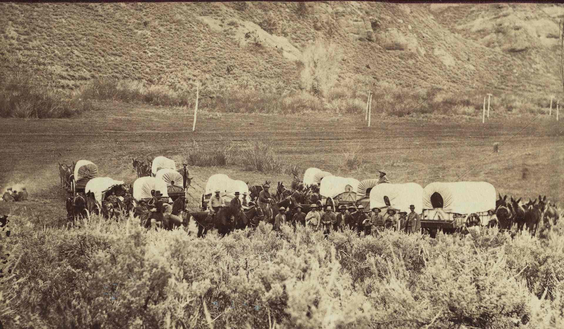 Migrant wagon train, circa 1870.