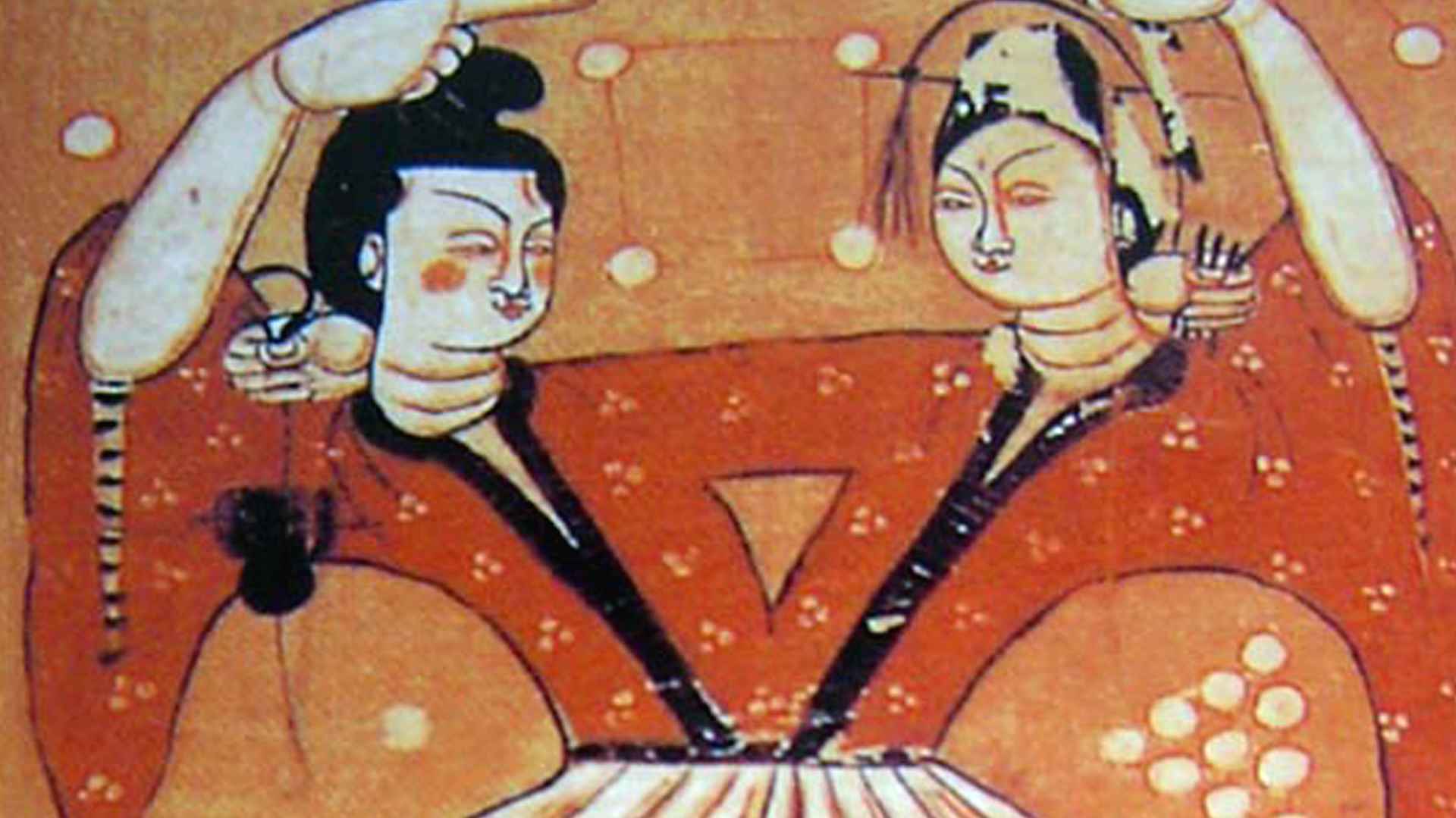 The creator divinities Fuxi and Nuwa intertwined.