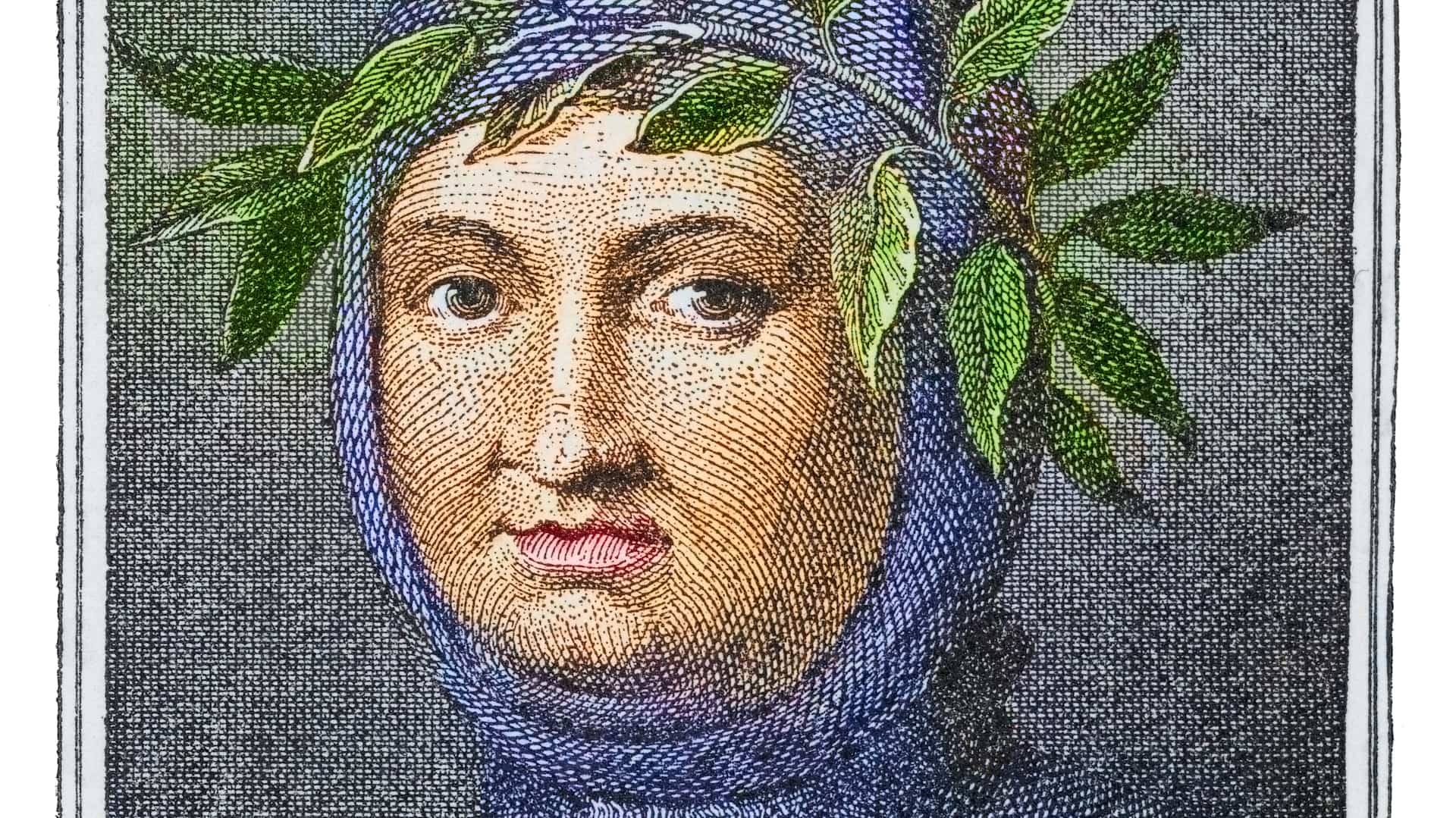 colored woodcut portrait of Italian scholar and poet Petrarch, Francesco Petrarca, considered one of the founders of the Italian Renaissance, wearing a blue cowl and a large leafy garland around his head