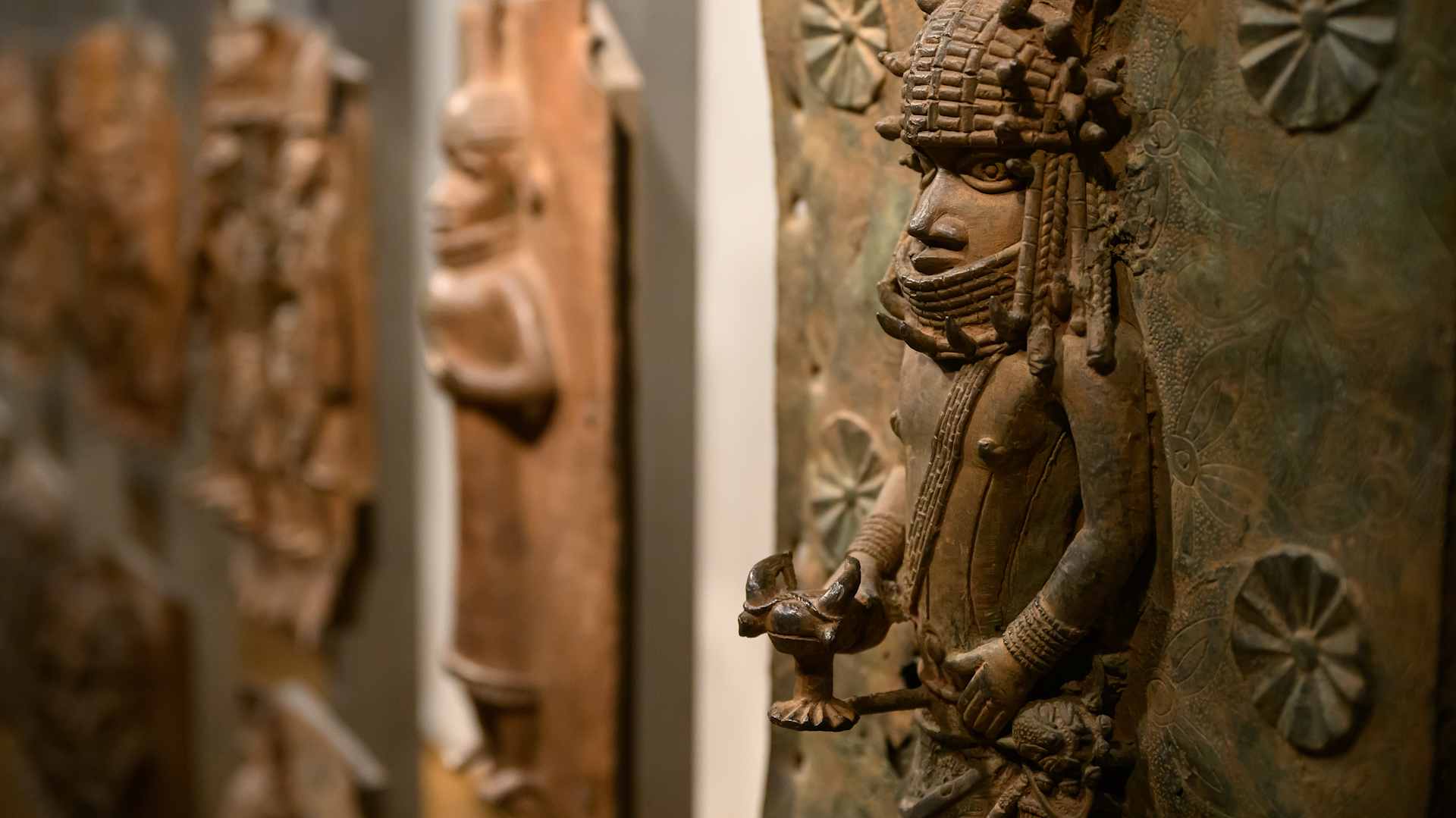 Benin Bronzes in a gallery of African relics in the British Museum.