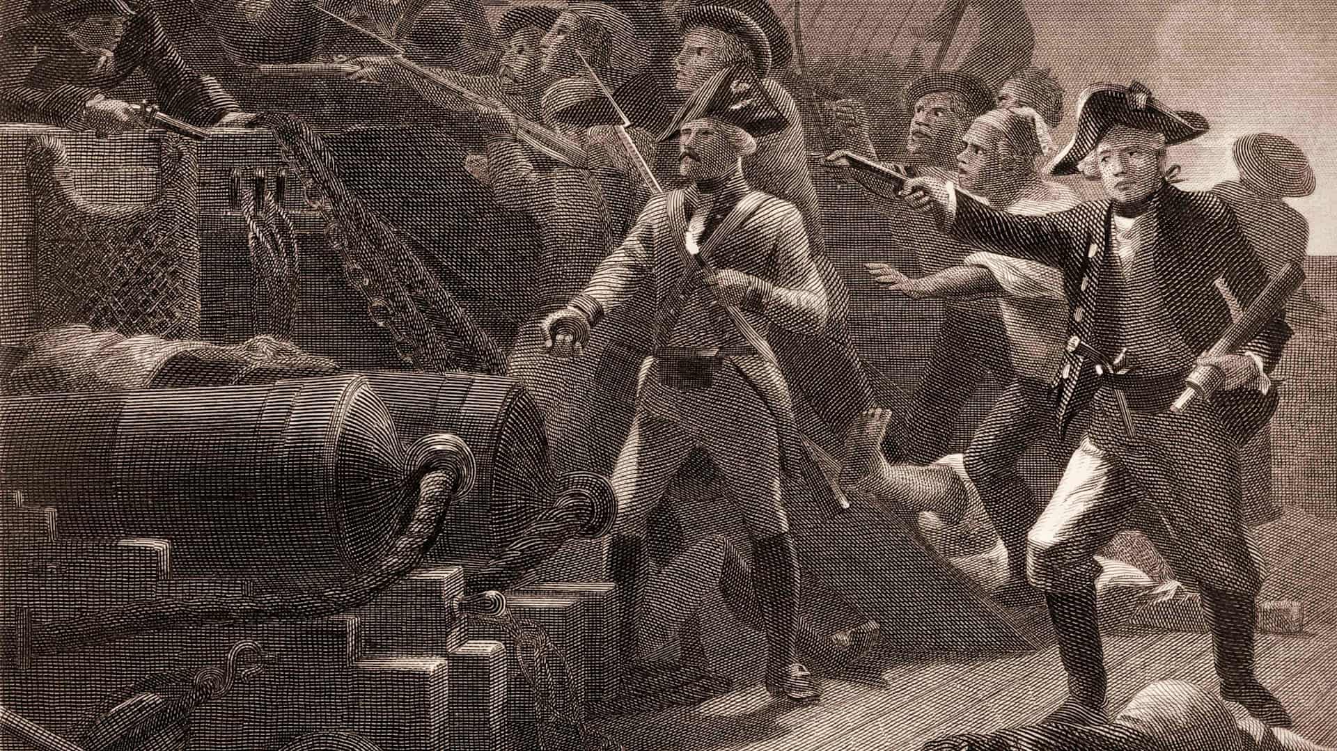 American naval officer John Paul Jones, right, captures the British warship 'Serapis' (1779) during the American Revolutionary War.