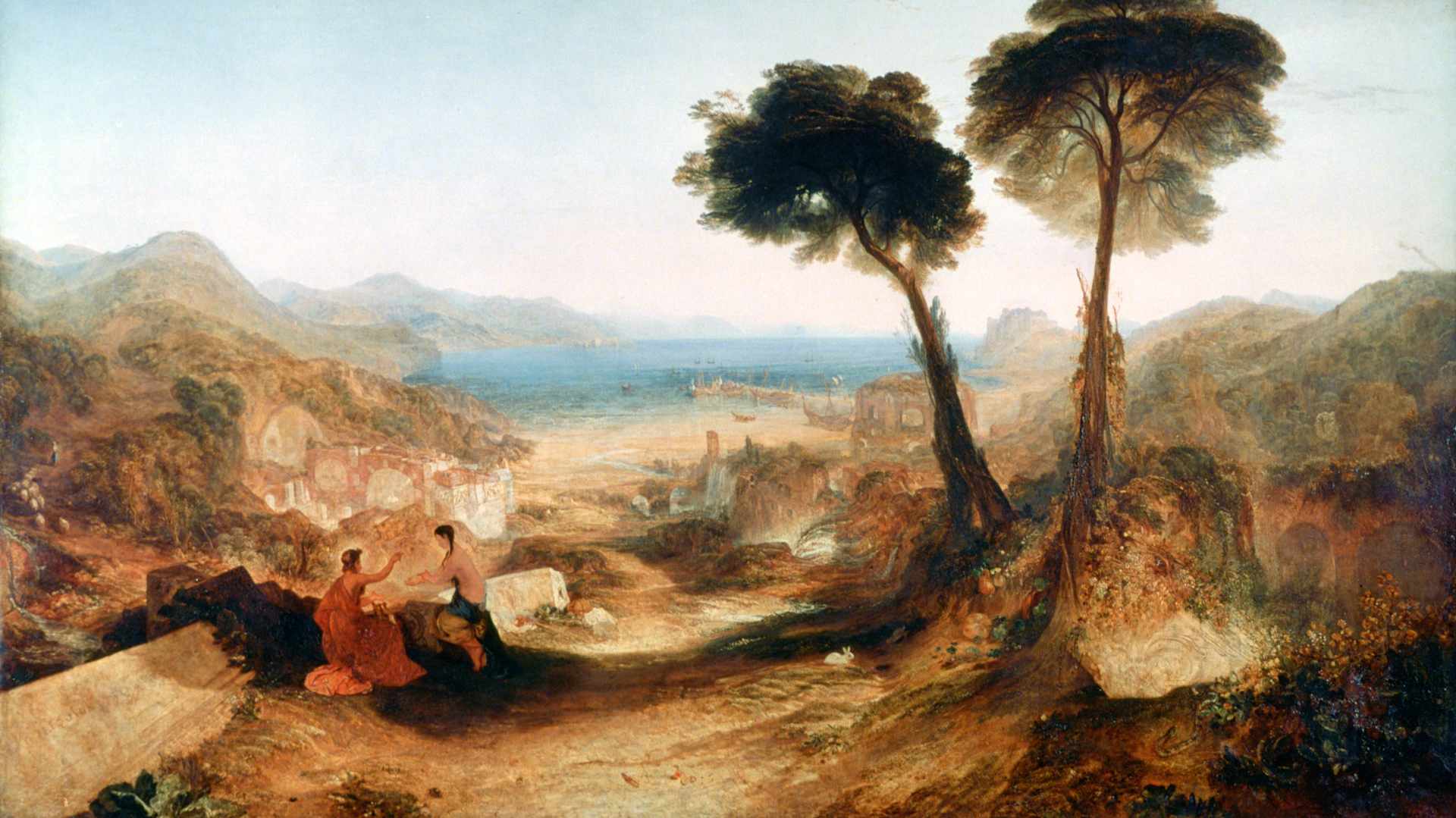 This painting by J.M.W. Turner—'The Bay of Baiae, with Apollo and the Sibyl', circa 1823—shows the ancient Roman resort of Baiae with two figures in the foreground with the water in the distance.