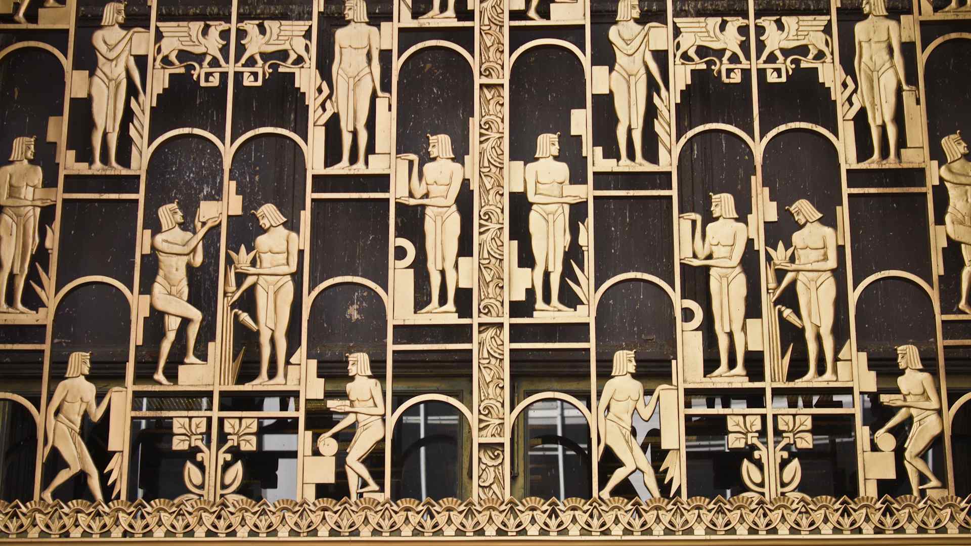 Circle Tower’s entrance façade in downtown Indianapolis, featuring Egyptian Revival architectural detailing.