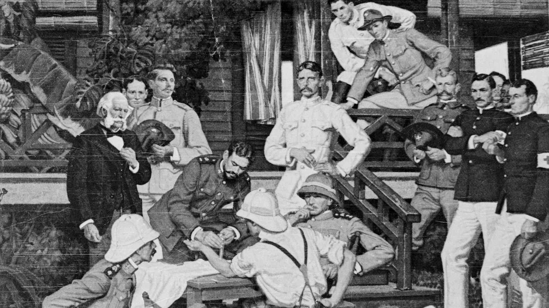 Illustration based on the painting 'Conquerors of Yellow Fever' by artist Dean Cornwell, showing members of the American Yellow Fever Commission watching as a soldier is receiving a yellow fever vaccine in Cuba.