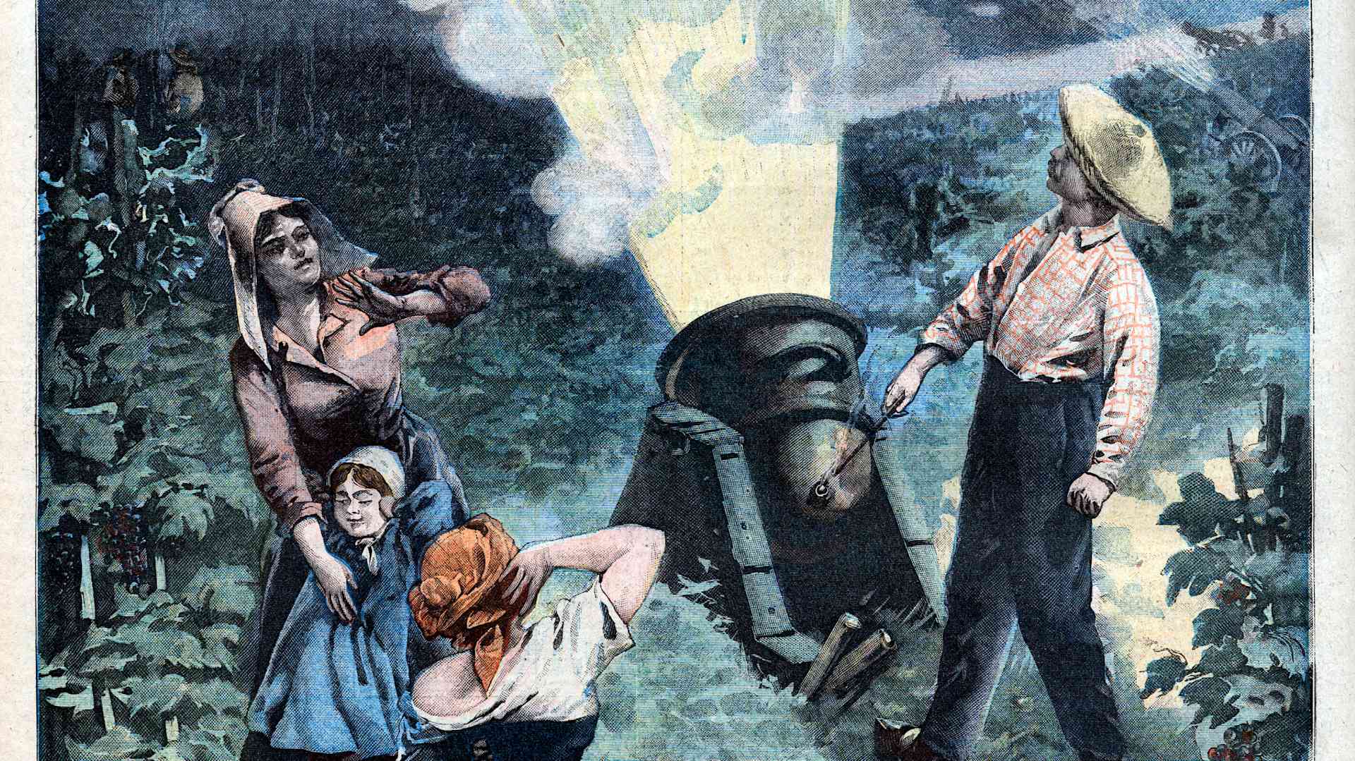 Illustration of a Farmer Firing a Cannon to Prevent Hailstones
