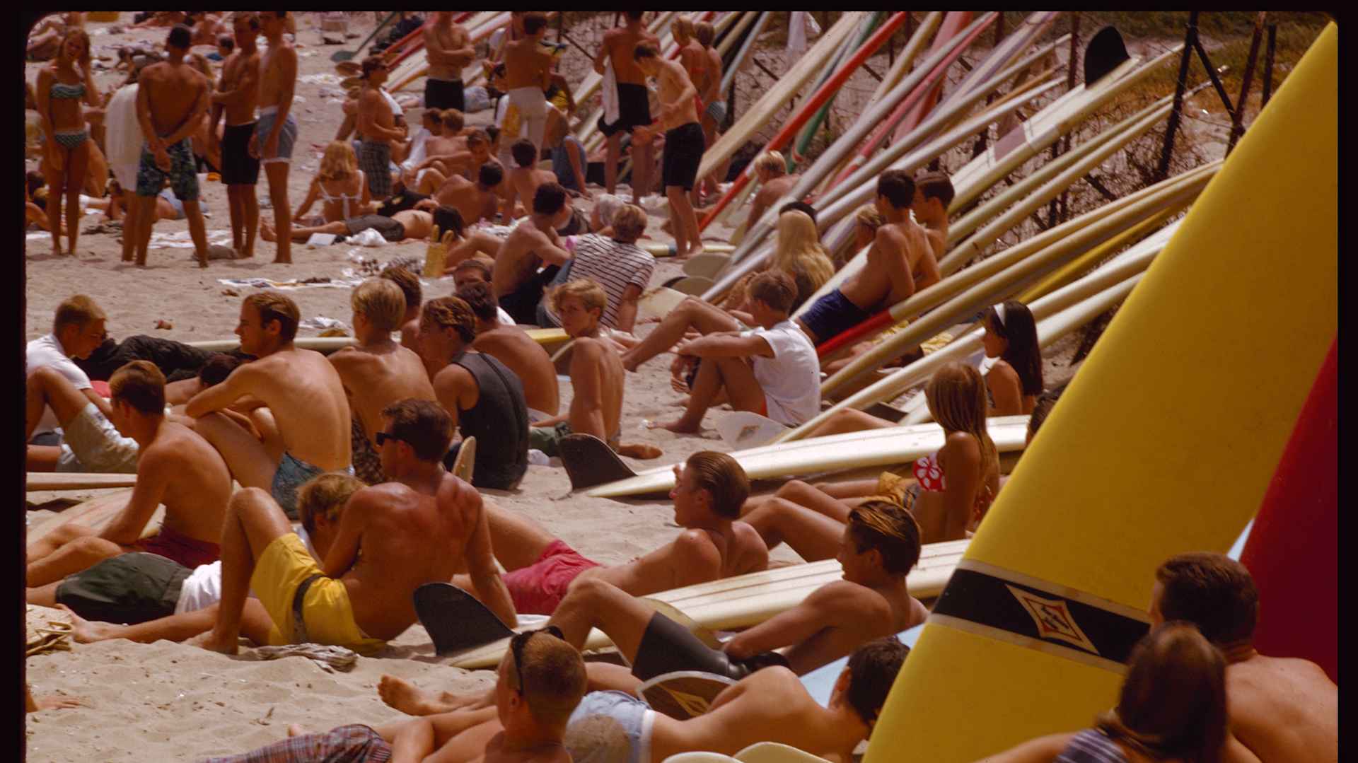 View of Crowded Beach, Surfboards