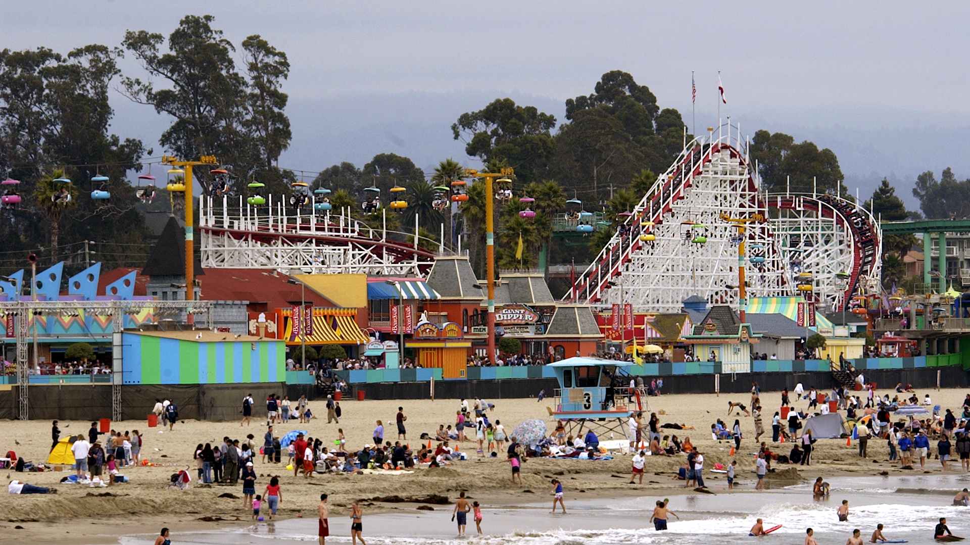 A view of the Giant Dipper, the oldest roller coaster on the California coast, located on the boardwalk in Santa Cruz.