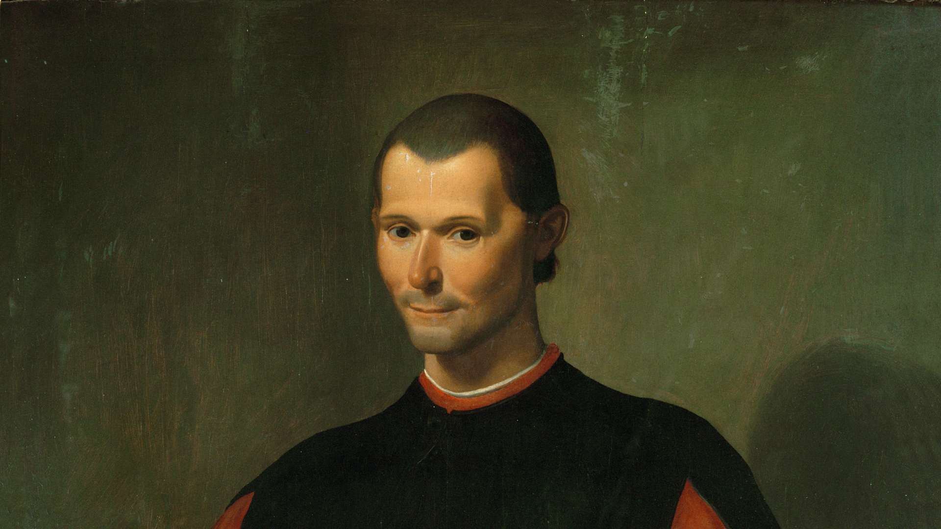 Portrait of Niccolo Machiavelli wearing a dark robe and holding a glove in his left hand