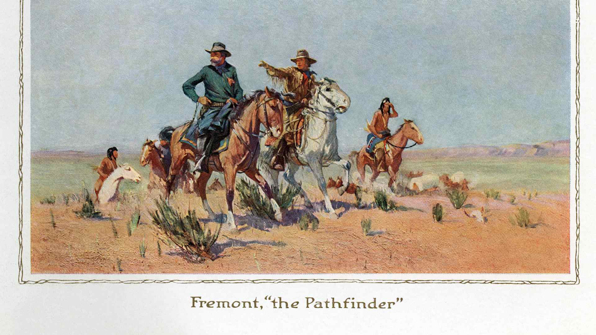 color Illustration of John Charles Frémont (nicknamed 'the Pathfinder') on horseback on an expedition in the American West, 1914. Screen print.
