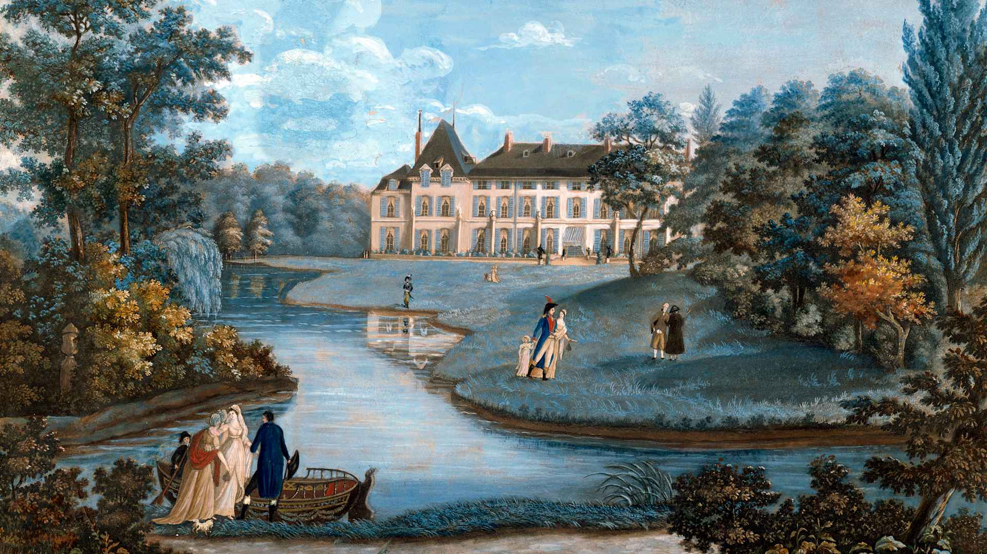 colorful painting of a French chateau with a winding lake and people in early 19th century garb promenading on the grass