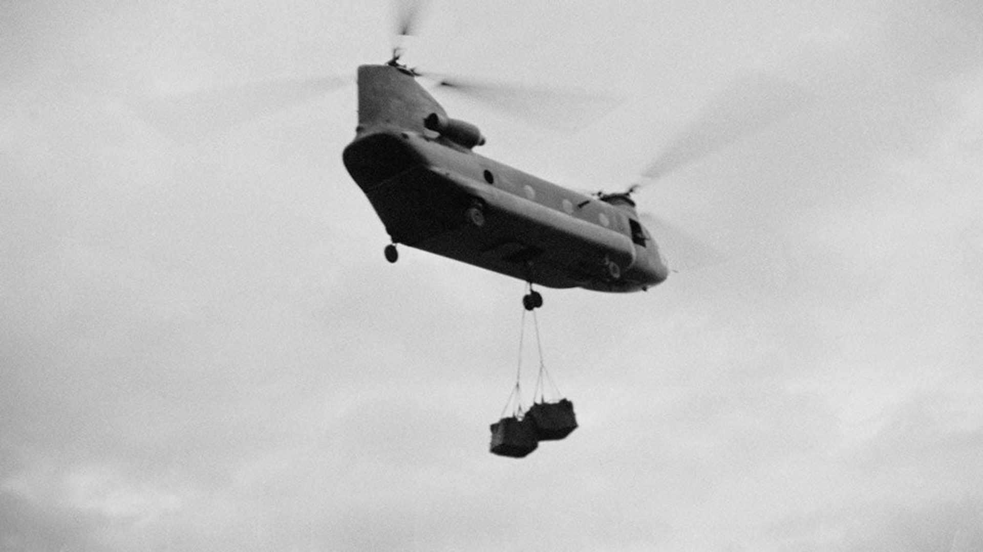 A Chinook helicopter carrying cargo in Vietnam,