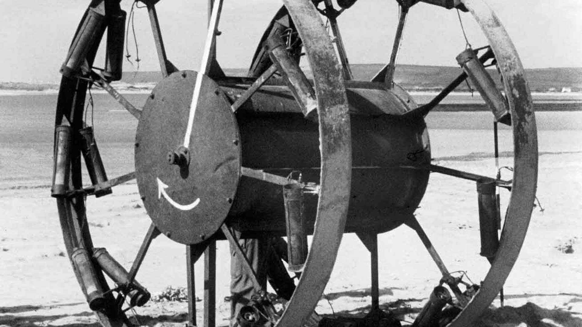 The Panjandrum was a rocket-propelled metal wheel armed with explosives.