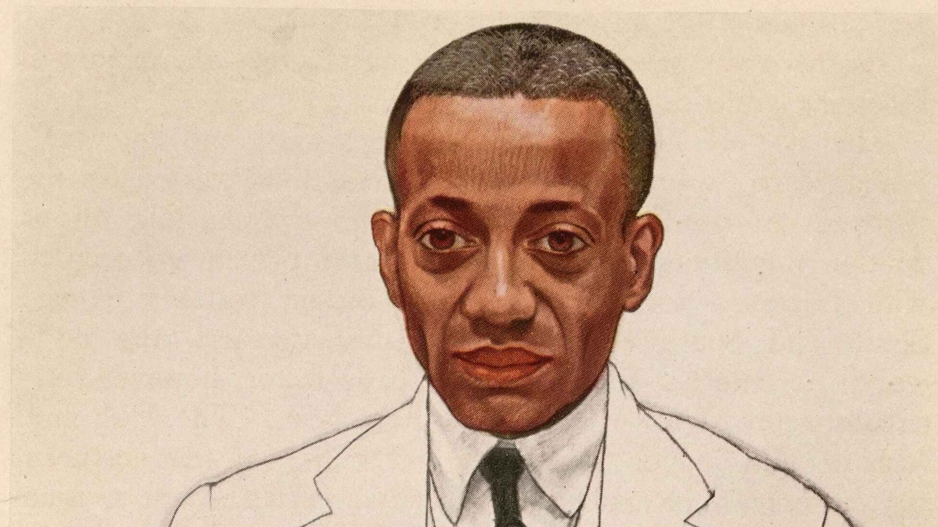 portrait of Alain Locke, a key intellectual of the Harlem Renaissance, seated. His face and hands are rendered in color, he has a serious expression, and his three-piece suit is rendered in black and white.
