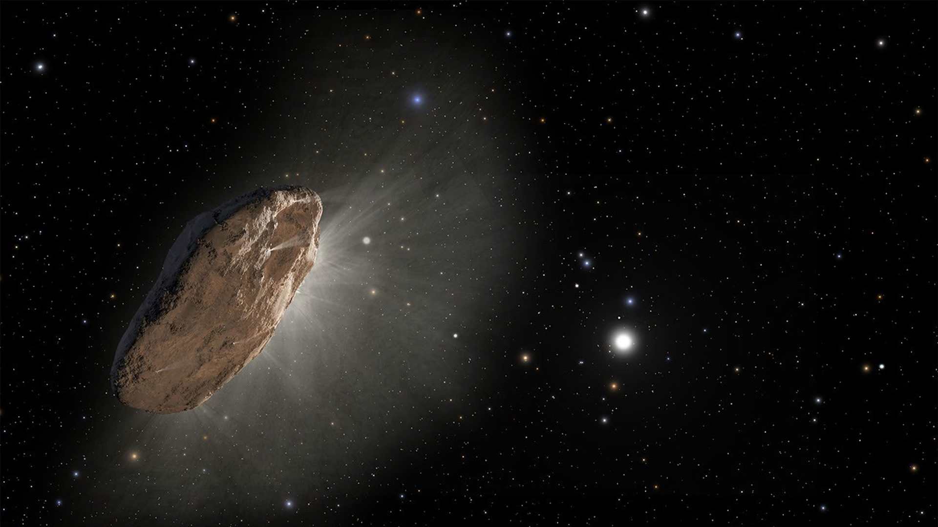 Artist’s illustration shows the wayward interstellar visitor `Oumuamua (pronounced oh-MOO-ah-MOO-ah) racing toward the outskirts of our solar system.