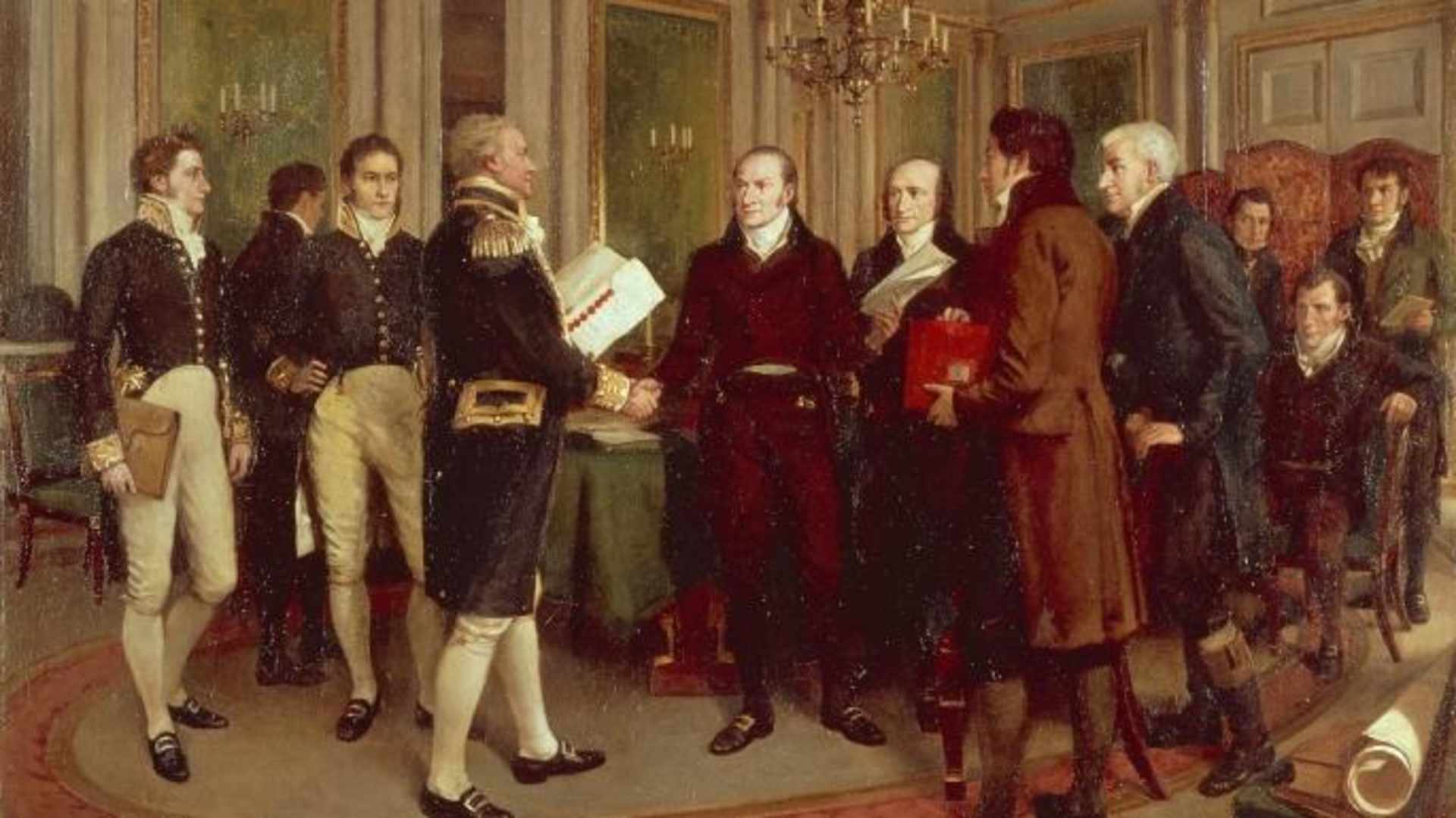 A painting (by Amedee Forestier) entitled 'A Hundred Years Peace,' depicts members of the British and American delegations at the signing of the Treaty of Ghent (ending the War of 1812), December 24, 1814. Leader of the British delegation Admiral Lord James Gambier (1756 - 1833) (fourth left) shakes hands with leader of the American delegation (and future US President) John Quincy Adams (1767 - 1848); among those also pictured are, British delegates Anthony St John Baker (1785 - 1854), William Adams (1772 - 1851), and Henry Goulburn (1784 - 1856); and American delegates Albert Gallatin (1761 - 1849), Christopher Hughes (1786 - 1849), James A Bayard Jr (1799 - 1880), Henry Clay (1777 - 1852), and Jonathan Russell (1771 - 1832); one person is unidentified. (Photo by DeAgostini/Getty Images)