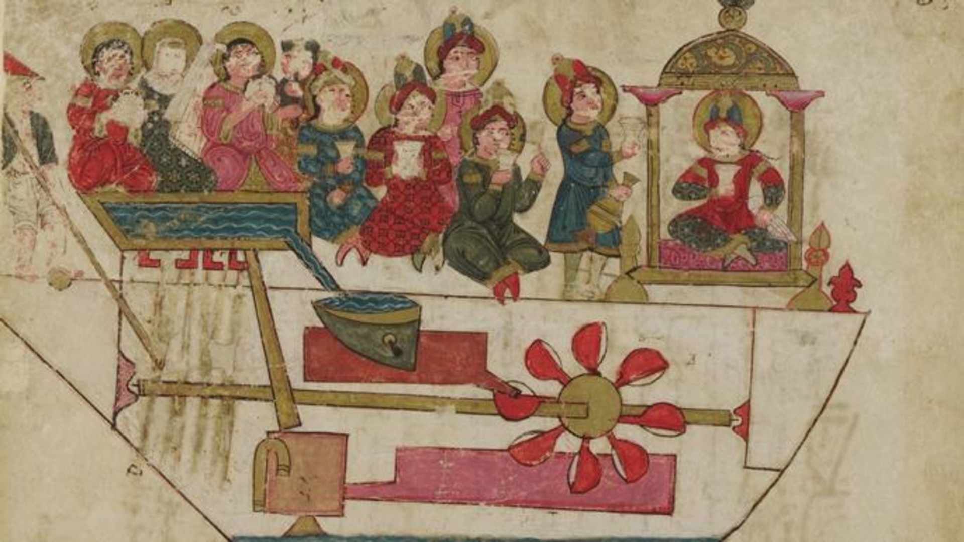 A painting on paper in color and gold leaf from al-Jazari's ' Kitab fi marifat al-hiyal al-handasiyya' (The Book of Knowledge of Ingenious Mechanical Devices). Ab_ al-'Iz Ibn Ism_'_l ibn al-Raz_z al-Jazar_ (1136Ð1206) was a polymath: a scholar, inventor, mechanical engineer, craftsman, artist, mathematician and astronomer from Al-Jazira, Mesopotamia, who worked in service of the Artuqid dynasty in Diyarbakor, Asia Minor. He is best known for writing the Kit‡b f’ ma'rifat al-hiyal al-handasiyya (Book of Knowledge of Ingenious Mechanical Devices) in 1206, where he described fifty mechanical devices along with instructions on how to construct them. (Photo by: Pictures From History/Universal Images Group via Getty Images)