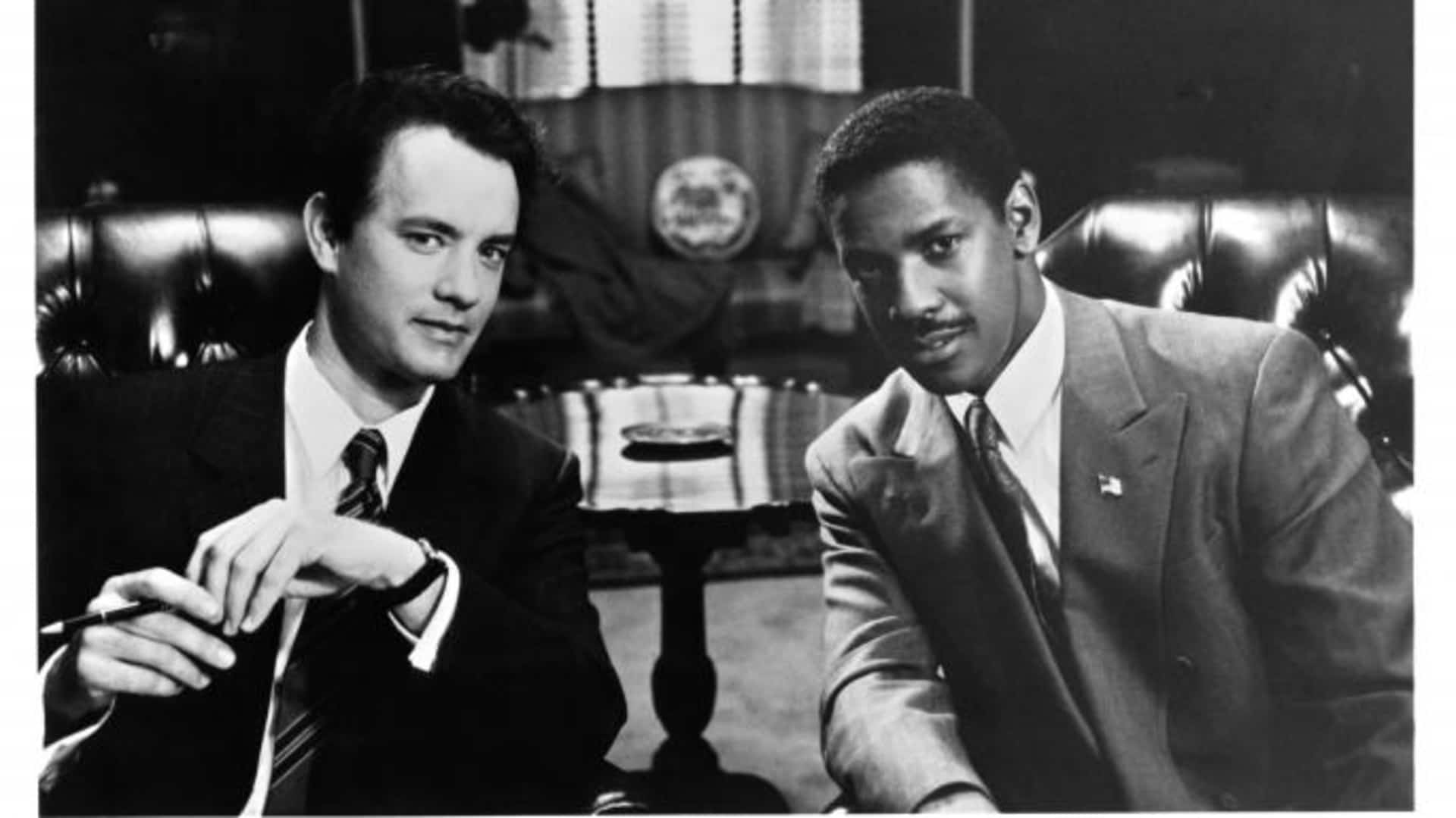 Actors Tom Hanks and Denzel Washington on the set of the Tri Star movie " Philadelphia" in 1993.  (Credit: Michael Ochs Archives/Getty Images)
