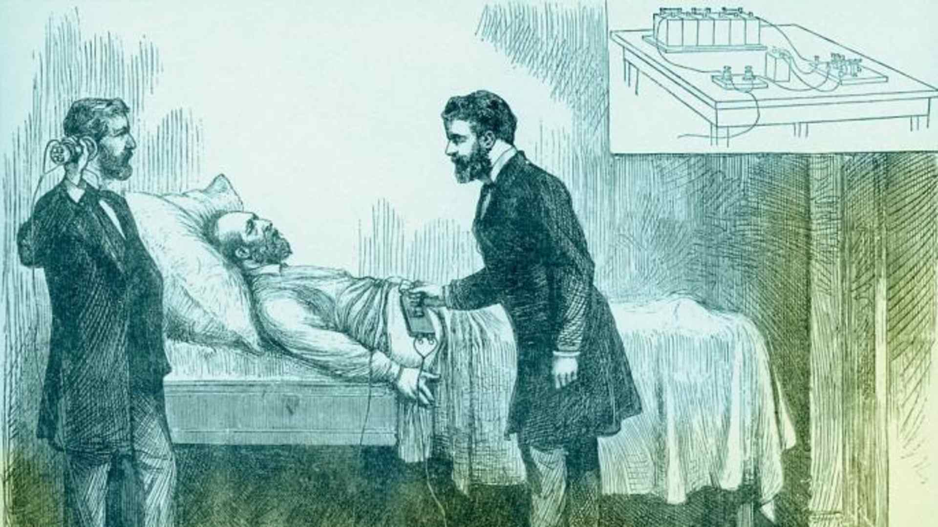 Alexander Graham Bell and assistant use an electrical detector to find a bullet inside President James Garfield.