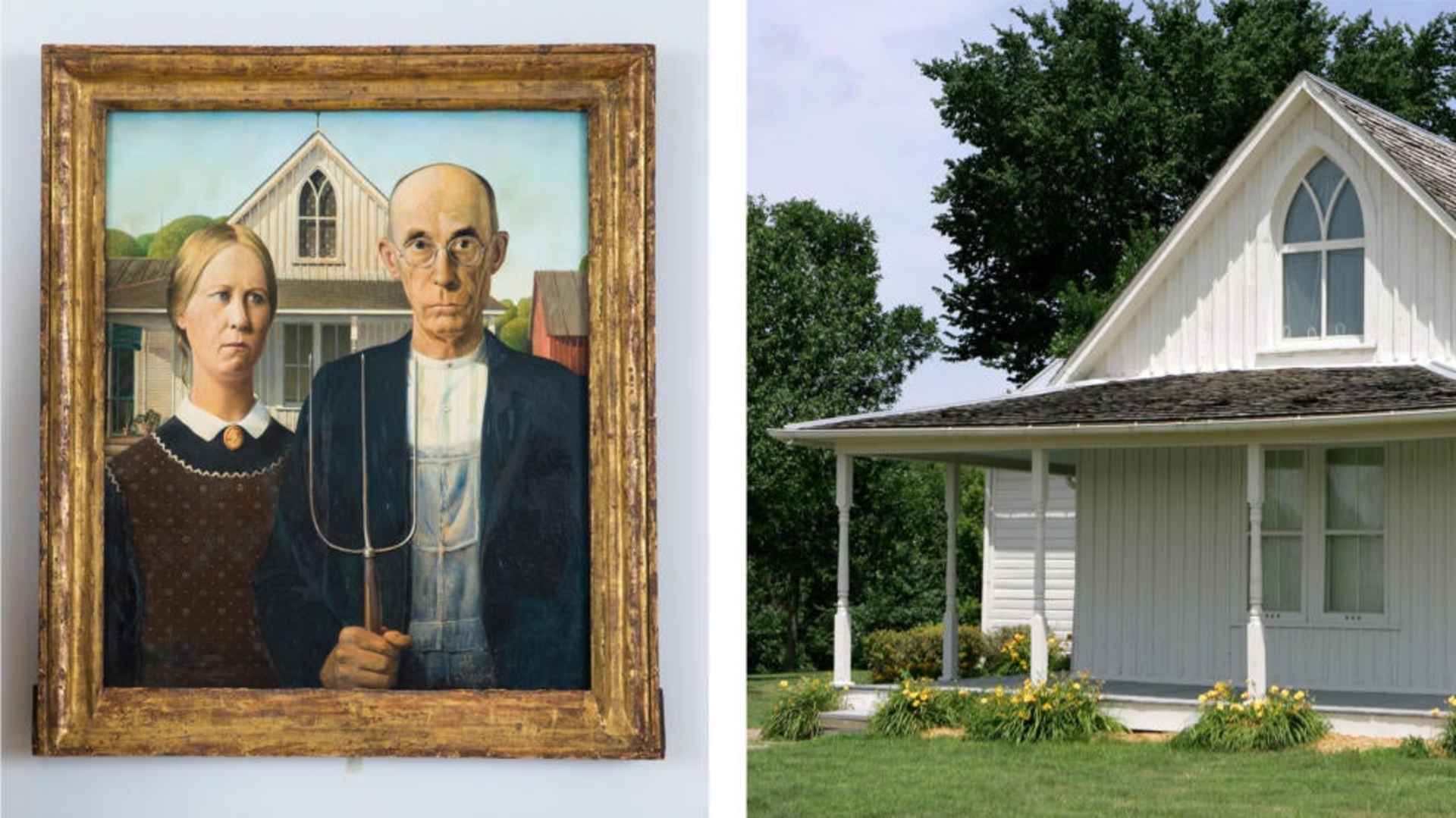 American Gothic, by Grant Wood, 1930, alongside the real home, that was featured in the background, in Eldon, Iowa. (Credit: Tristan Fewings/Getty Images for Royal Academy of Arts & Charlie Neibergall/AP Photo)