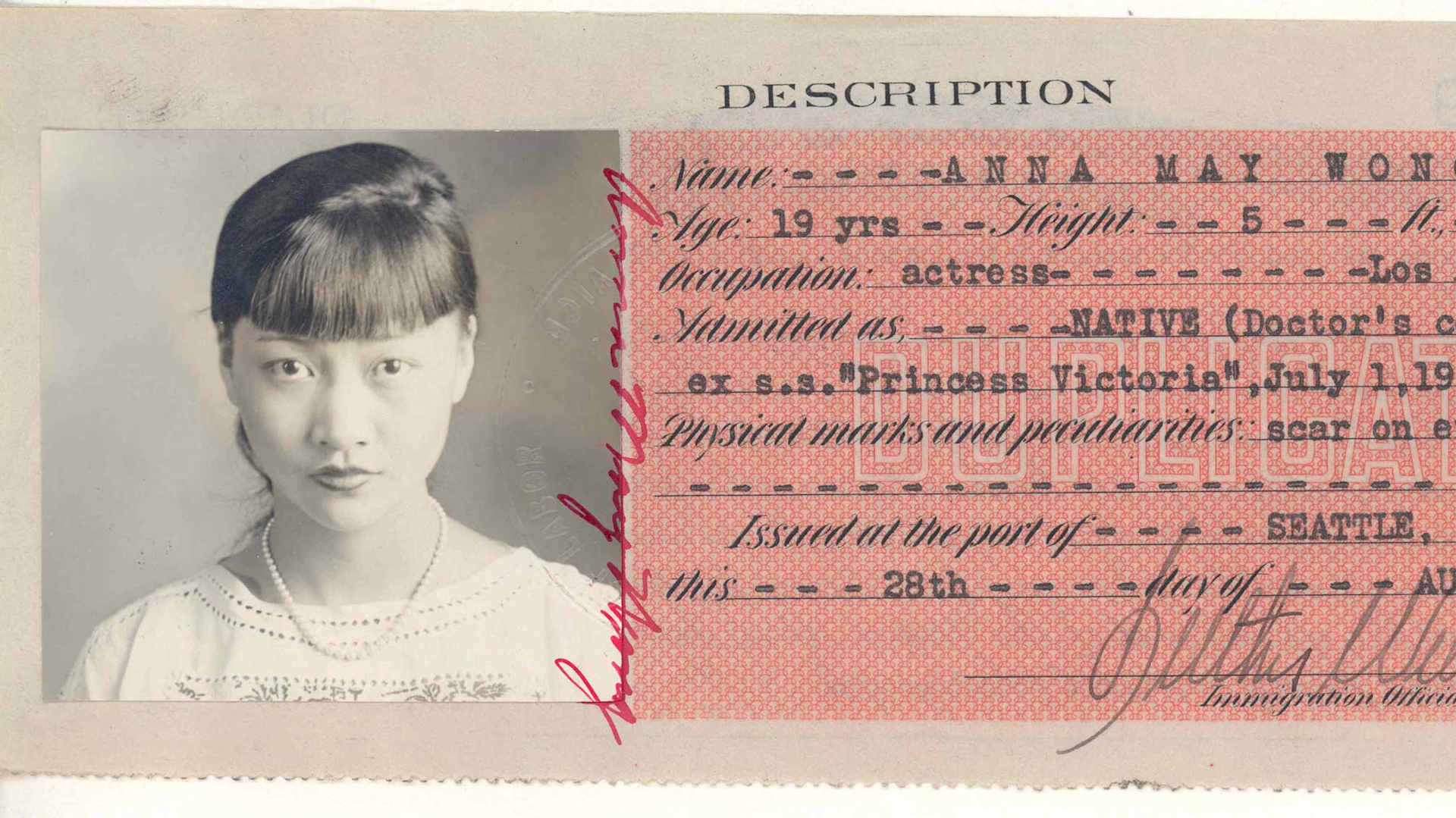 Anna May Wong, Certificate of Identity
