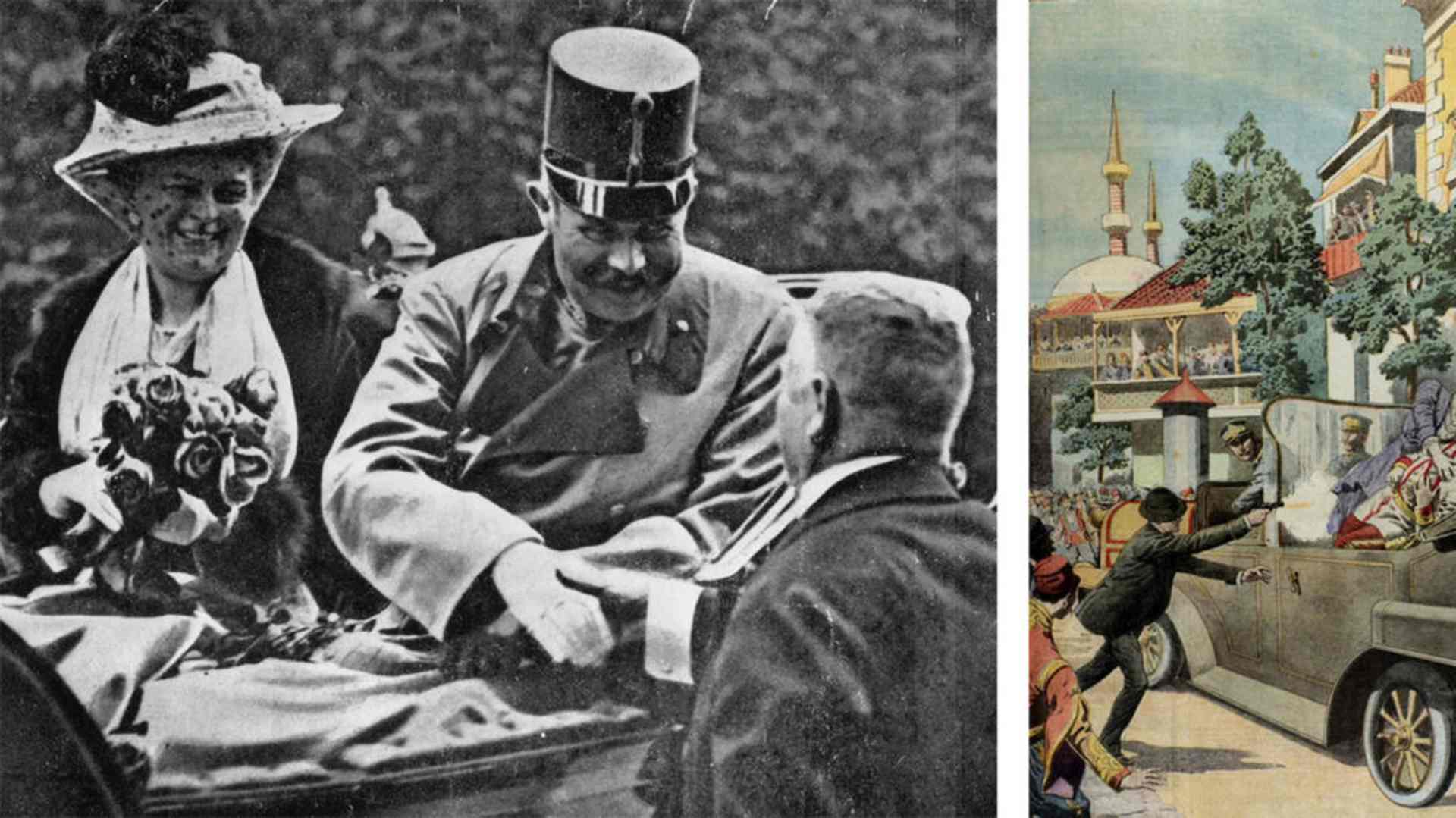 Archduke Franz Ferdinand and his wife Sophie shortly before their assassination, and a page from Le Petit Journal, illustrating the assassination. (Credit: Henry Guttmann/Getty Images & Popperfoto/Getty Images)